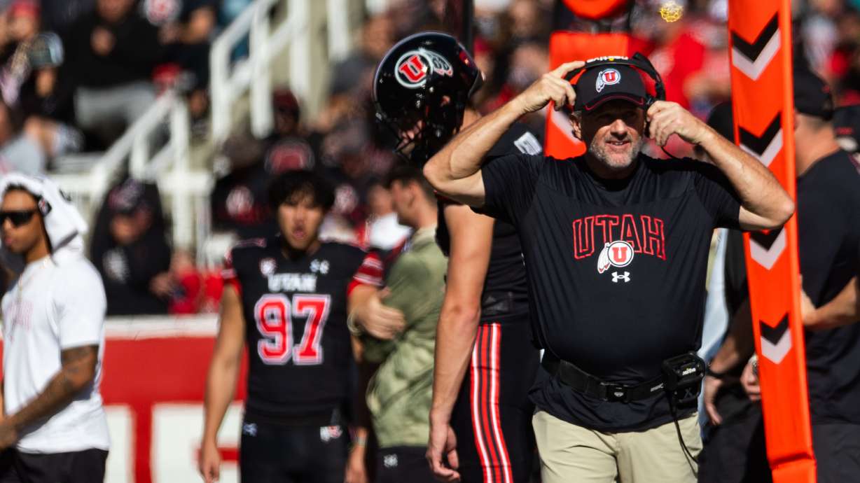 Utah Utes head coach Kyle Whittingham watches from the sidelines during the game against the Arizona State Sun Devils at Rice-Eccles Stadium in Salt Lake City on Saturday, Nov. 4, 2023.