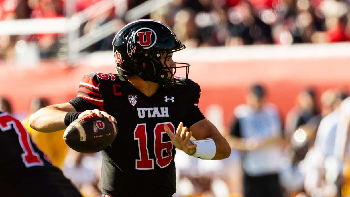Utah Utes quarterback Bryson Barnes pulls back to throw the ball during the game against the Arizona State Sun Devils at Rice-Eccles Stadium in Salt Lake City on Saturday, Nov. 4, 2023.