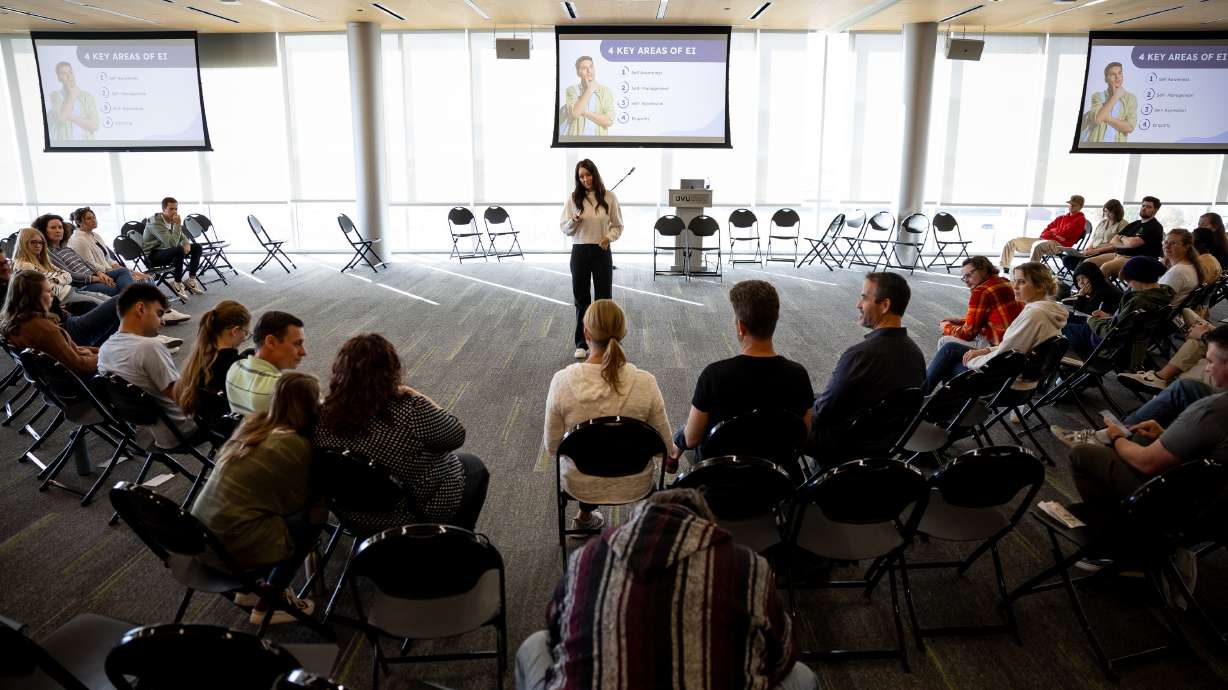 Kristi Holt, co-founder of The MECA Project, leads a discussion group at the Safe2Feel workshop at Utah Valley University in Orem on Saturday.