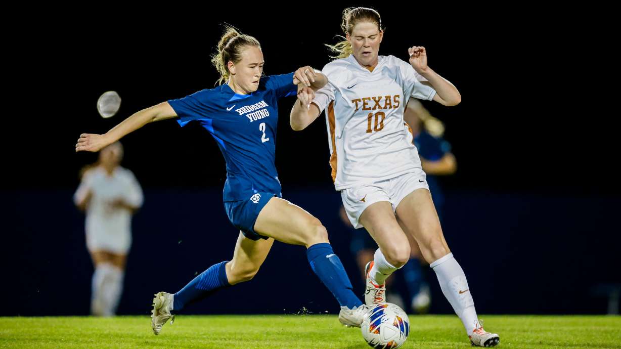 BYU defender Olivia Smith-Griffits defends against Texas during the Big 12 women's soccer tournament championships match, Saturday, Nov. 4, 2023, in Round Rock, Texas.