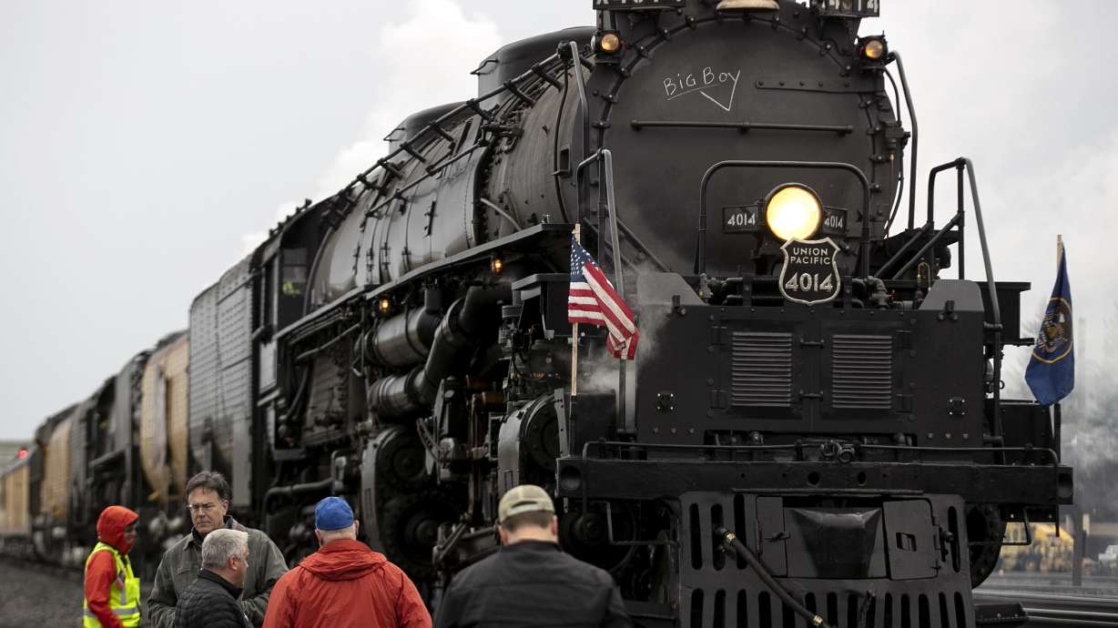 Union Pacific’s historic steam locomotive Big Boy No. 4014 prepares to leave Evanston, Wyo., for Ogden on May 8, 2019, in celebration of the 150th anniversary of the completion of the transcontinental railroad. The massive steam engine is slated to return to Utah in 2024 as part of a multistate tour, according to Union Pacific.