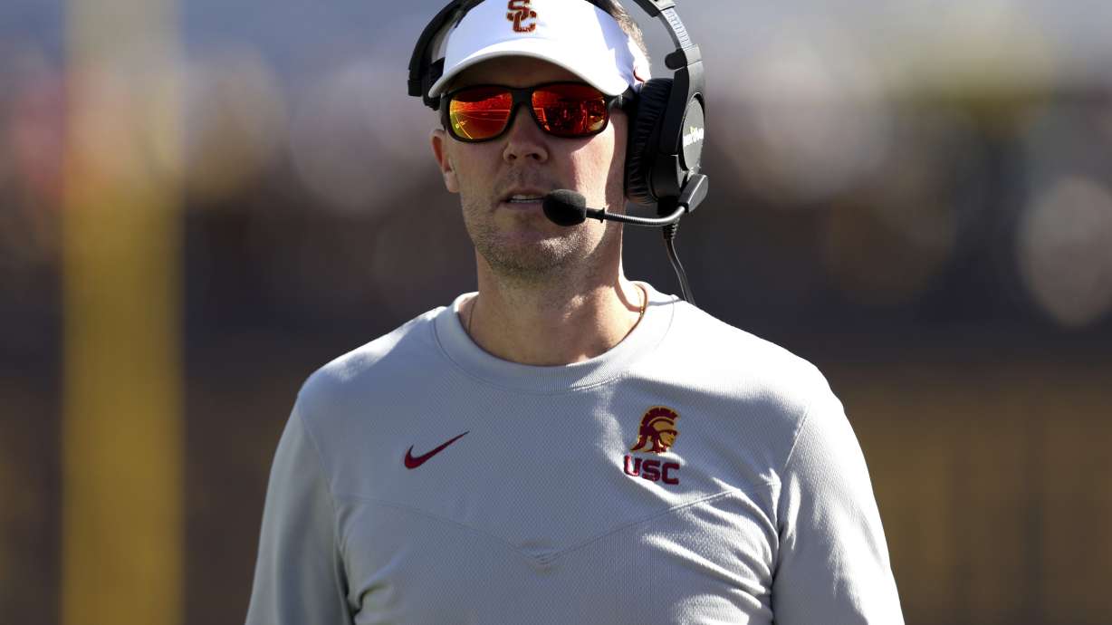 Southern California head coach Lincoln Riley stands on the sideline against California during the first half of an NCAA college football game in Berkeley, Calif., Saturday, Oct. 28, 2023.
