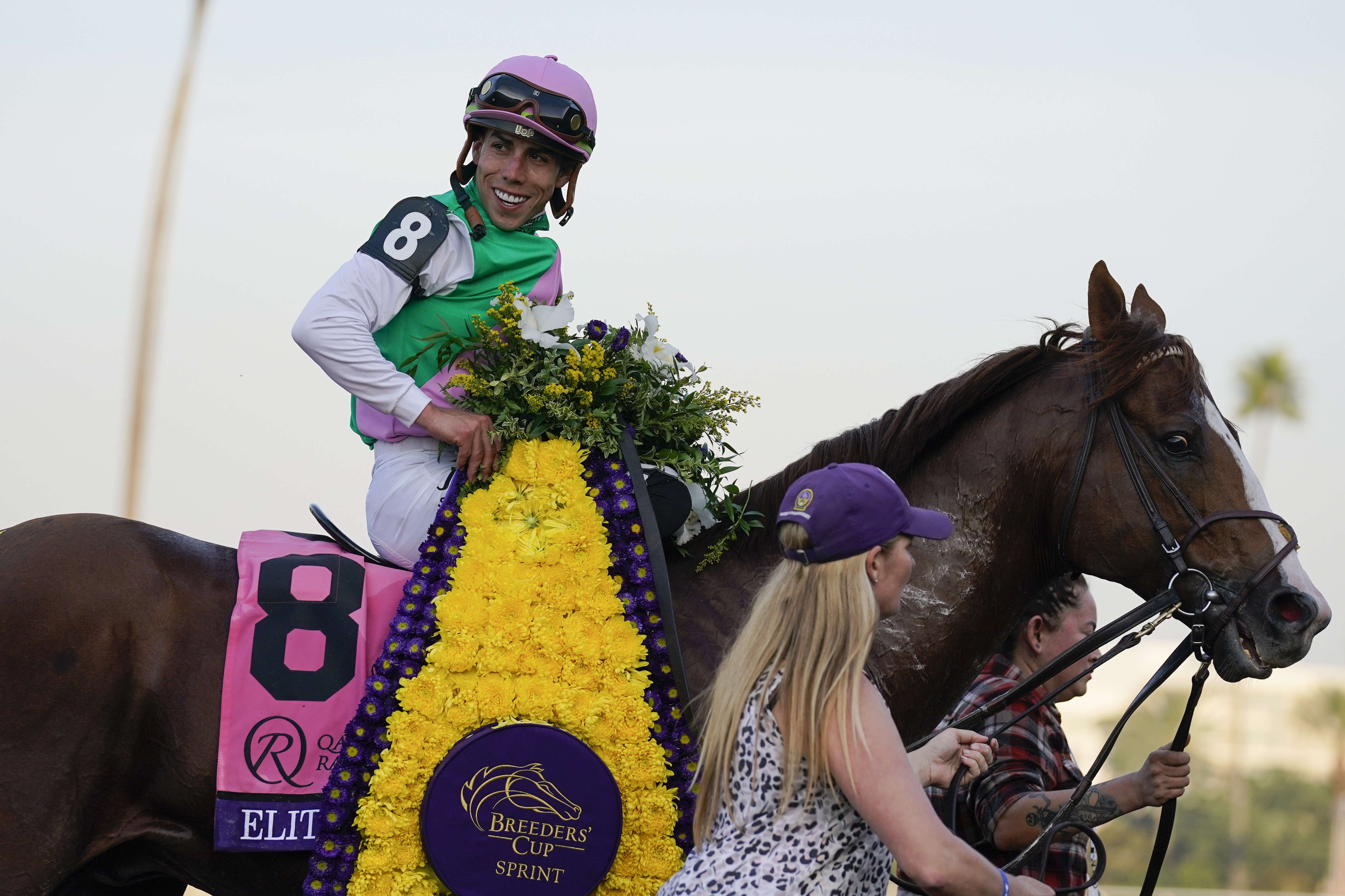 Irad Ortiz Jr. celebrates after riding Elite Power to win the Breeders' Cup Sprint horse race Saturday, Nov. 4, 2023, at Santa Anita Park in Arcadia, Calif. 