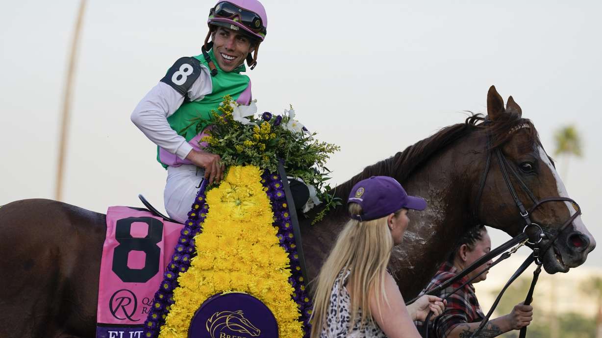 Irad Ortiz Jr. celebrates after riding Elite Power to win the Breeders' Cup Sprint horse race Saturday, Nov. 4, 2023, at Santa Anita Park in Arcadia, Calif.
