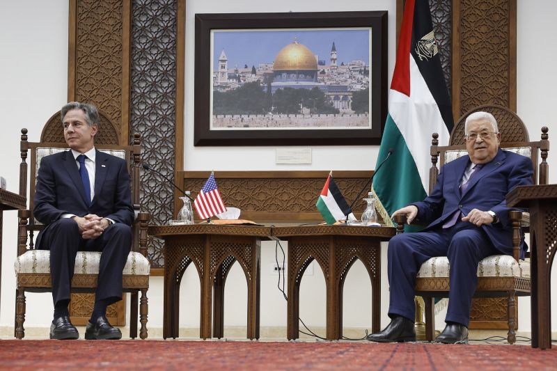 U.S. Secretary of State Antony Blinken meets with Palestinian President Mahmoud Abbas amid the ongoing conflict between Israel and the Palestinian Islamist group Hamas, at the Muqata in Ramallah in the Israeli-occupied West Bank, Sunday.