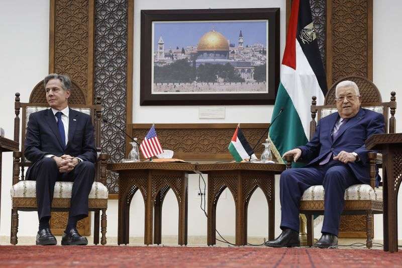 U.S. Secretary of State Antony Blinken meets with Palestinian President Mahmoud Abbas amid the ongoing conflict between Israel and the Palestinian Islamist group Hamas, at the Muqata in Ramallah in the Israeli-occupied West Bank, Sunday.