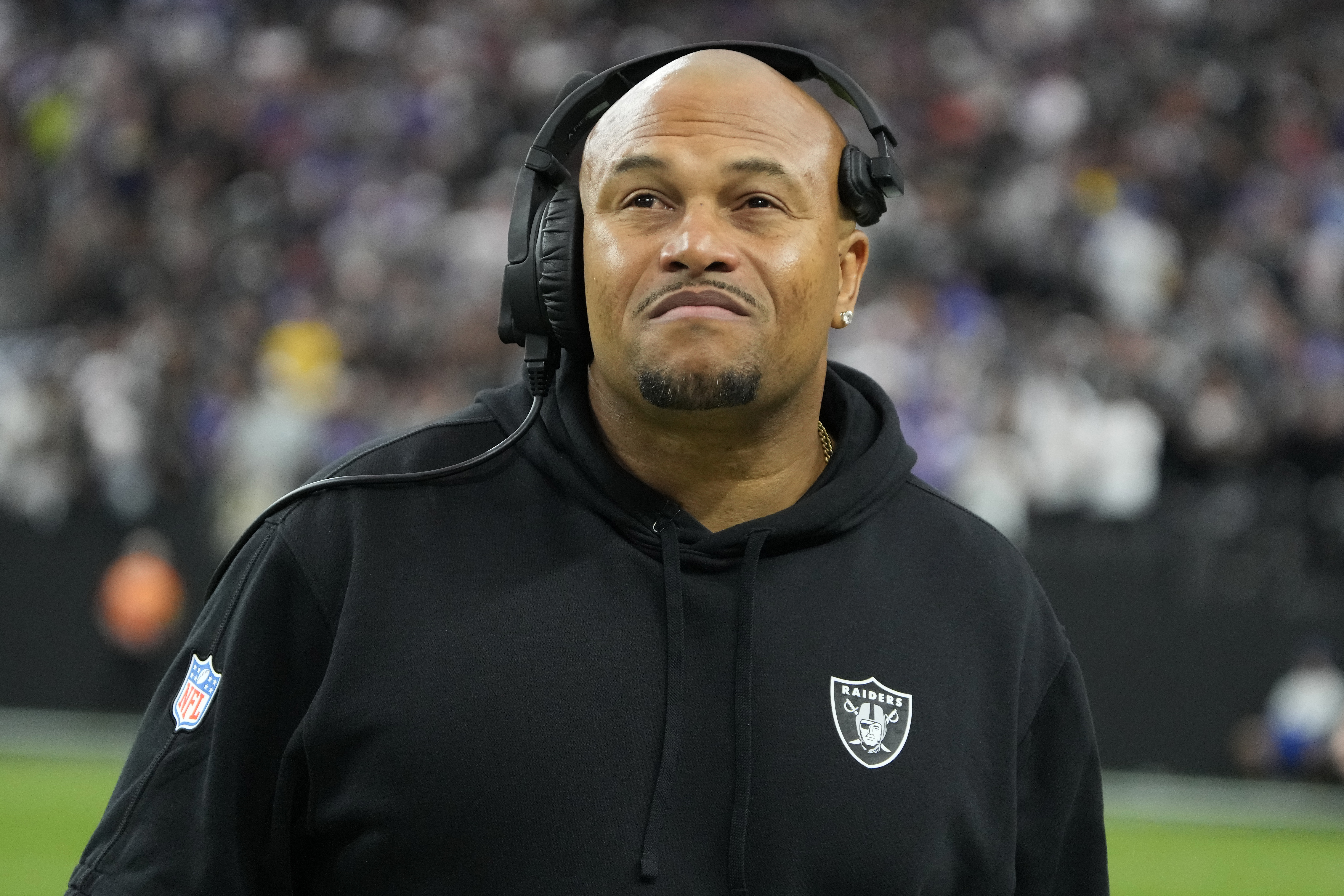 Las Vegas Raiders interim head coach Antonio Pierce watches during the first half of an NFL football game against the New York Giants, Sunday, Nov. 5, 2023, in Las Vegas. 