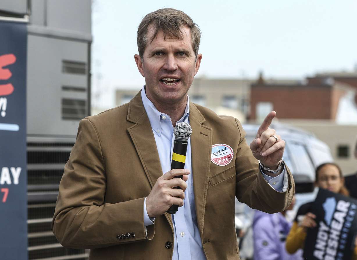 Kentucky Governor and Democratic candidate for reelection Andy Beshear speaks at the Democratic Party of Daviess County Headquarters during a bus tour across Kentucky, Saturday, in Owensboro, Ky.