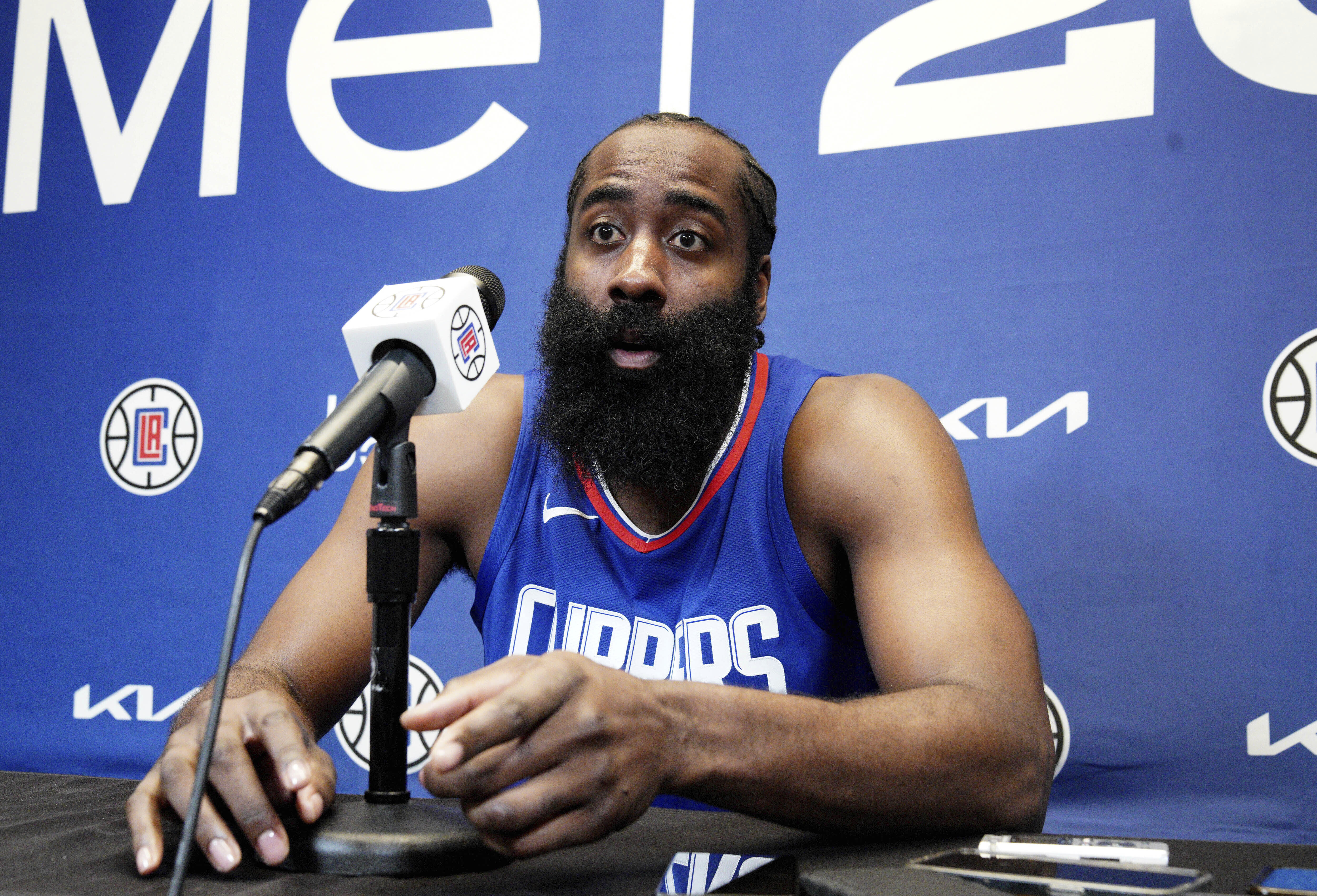 James Harden responds to a reporter's question as he is introduced as the newest member of the Los Angeles Clippers at a news conference at the NBA baketball team's training facility Thursday, Nov. 2, 2023, in Los Angeles. 