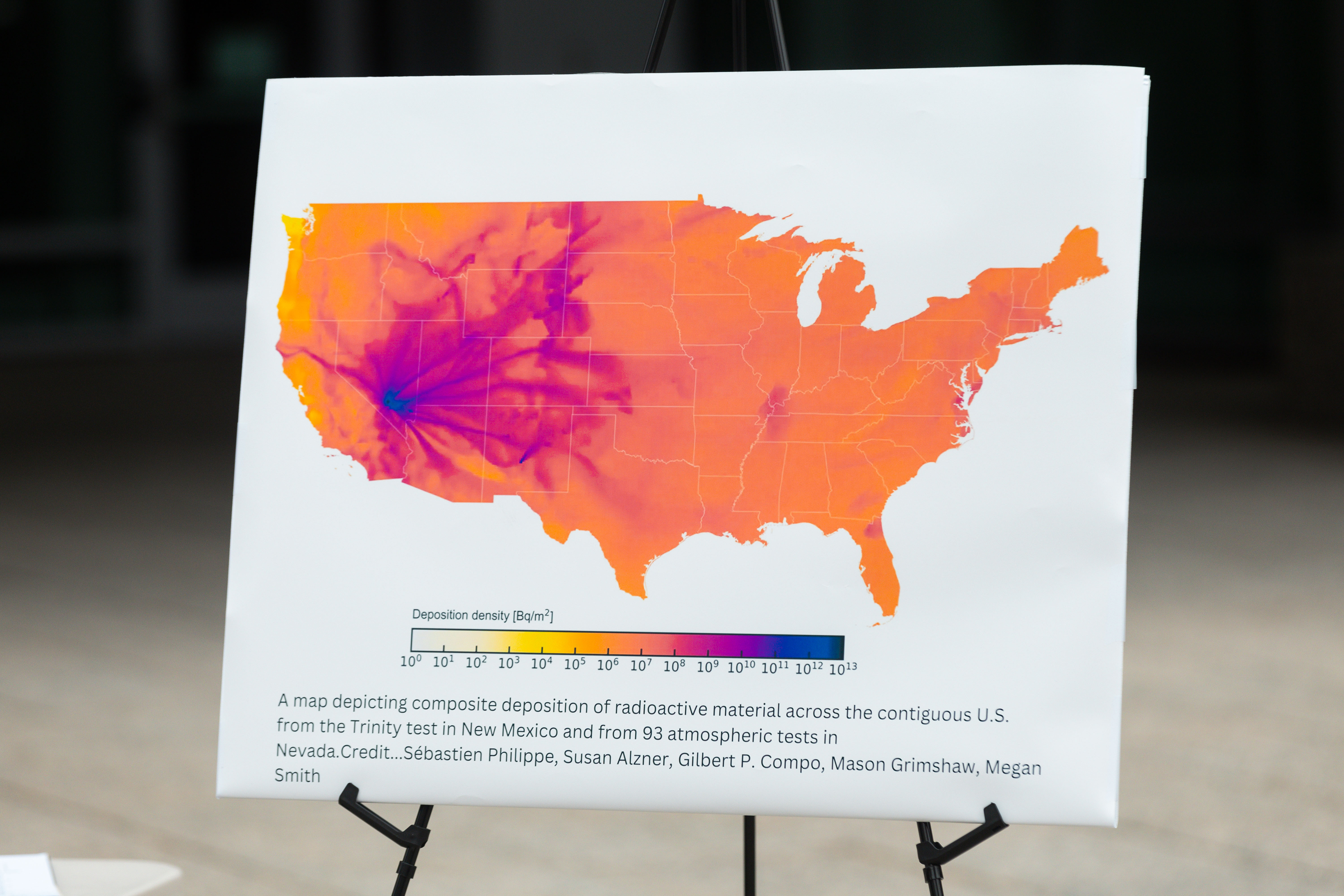 A map showing composite deposition of radioactive material in front of the Wallace F. Bennett Federal Building in Salt Lake City on Nov. 6, 2023. Utah Sens. Mitt Romney and Mike Lee voted against a bill to extend compensation for downwinders.