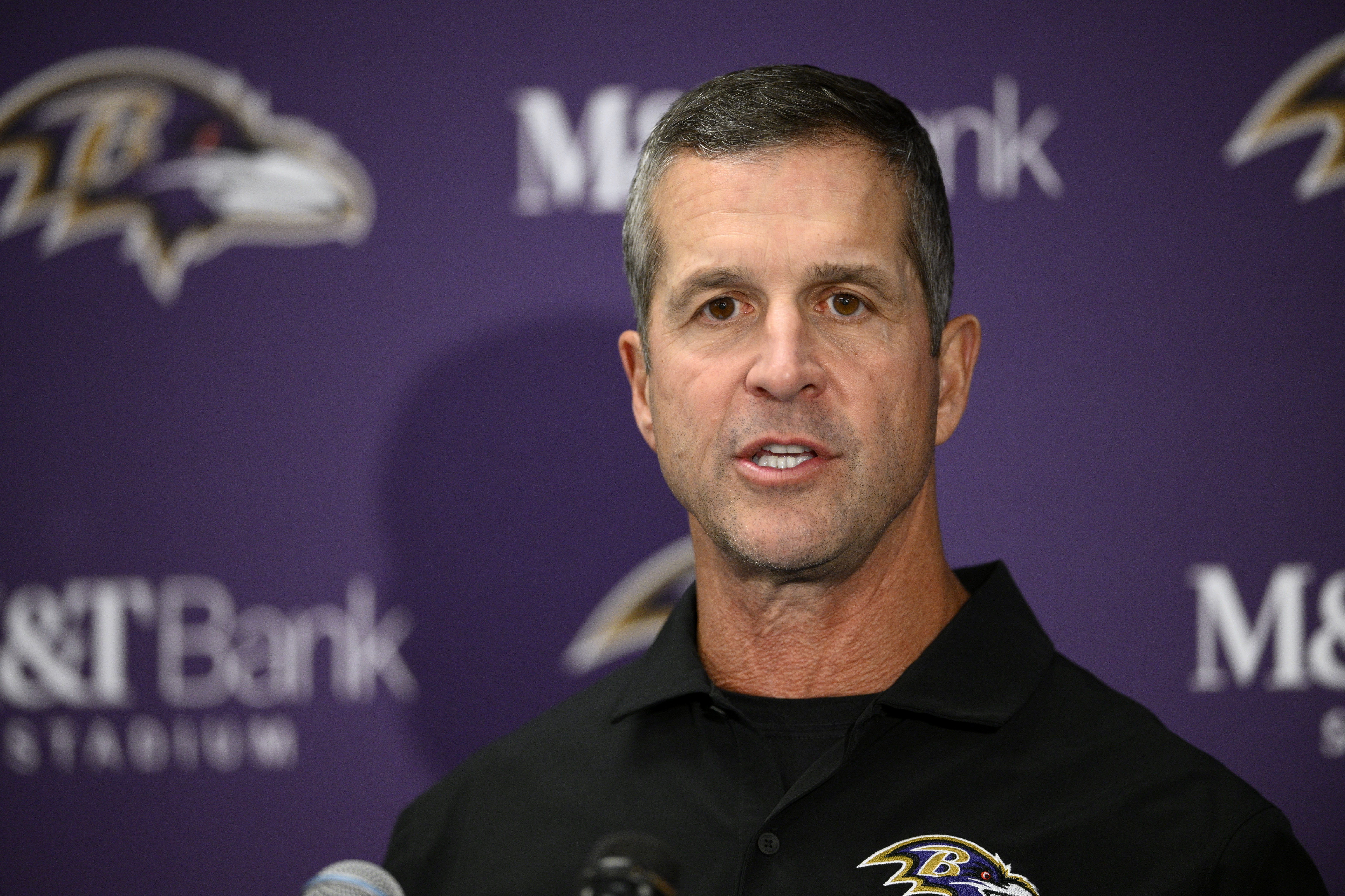 Baltimore Ravens head coach John Harbaugh speaks during a news conference after an NFL football game against the Seattle Seahawks, Sunday, Nov. 5, 2023, in Baltimore. The Ravens won 37-3.