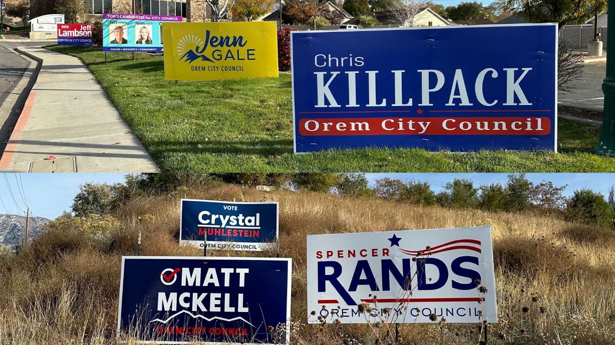 Campaign signs for the 2023 Orem City Council election are displayed along Center Street in Orem in this composite image from Friday,.
