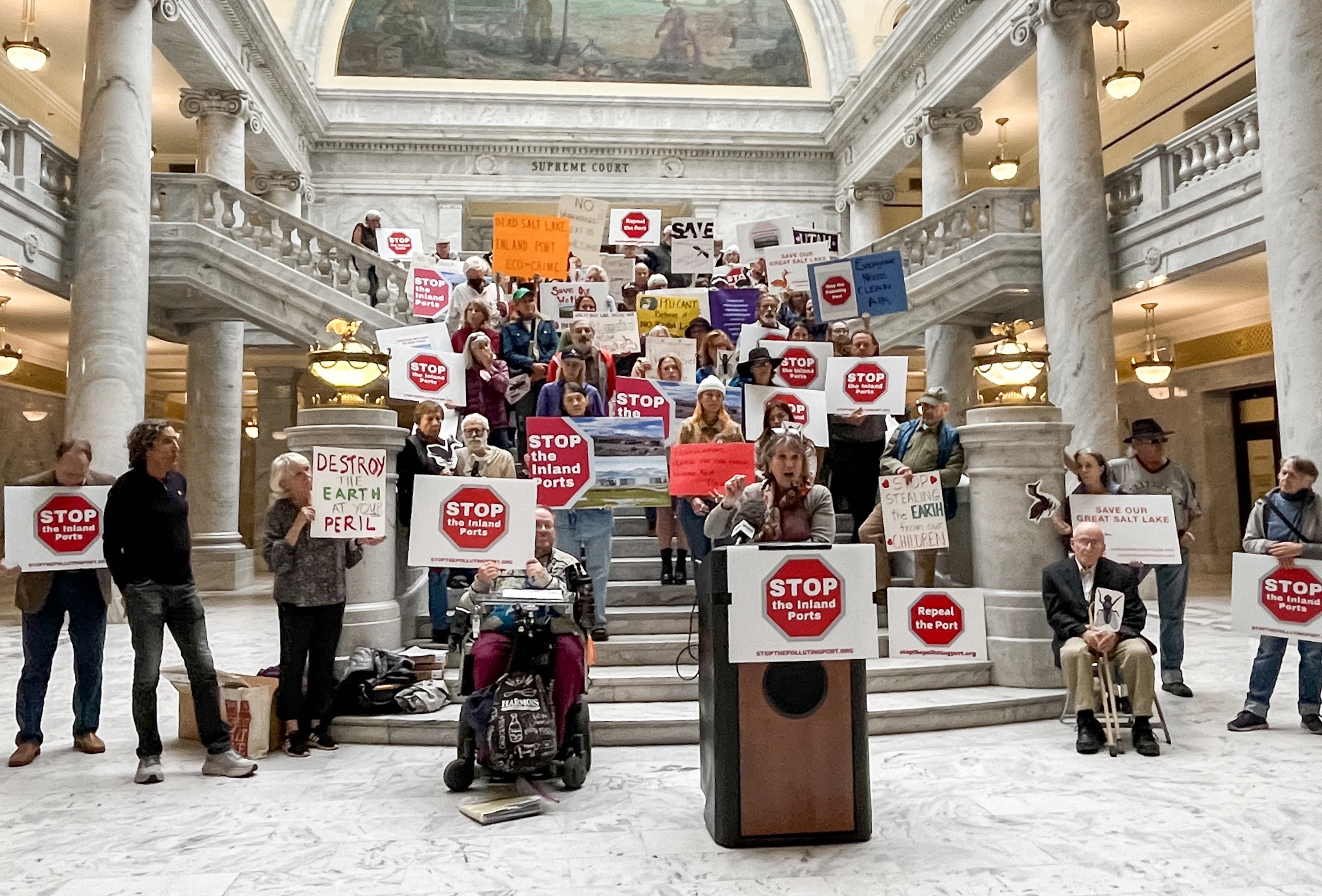 Deeda Seed, a senior campaigner for the Center for Biological Diversity, speaks at a rally held inside the state Capitol on Monday that called on the Utah Inland Port Authority to do more for Utah's wetlands.