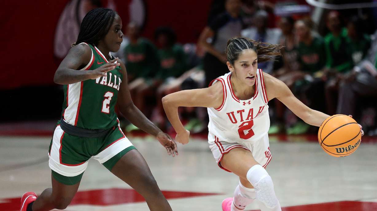 Utah Utes guard Ines Vieira (2) dribbles past Mississippi Valley State Devilettes guard Jaylia Reed (2) during a women’s basketball game at the Huntsman Center in Salt Lake City on Monday, Nov. 6, 2023. Utah won 104-45.