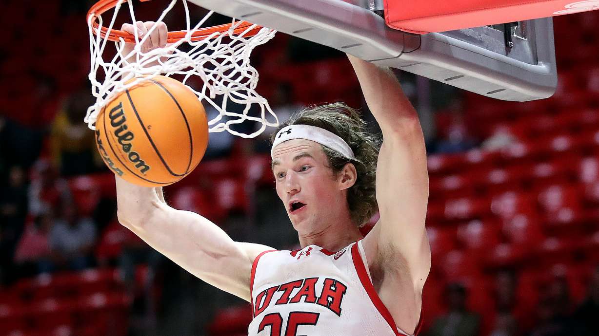 Utah Utes center Branden Carlson (35) dunks the ball during a men’s basketball game against the Eastern Washington Eagles at the Huntsman Center in Salt Lake City on Monday, Nov. 6, 2023. Utah won 101-66.