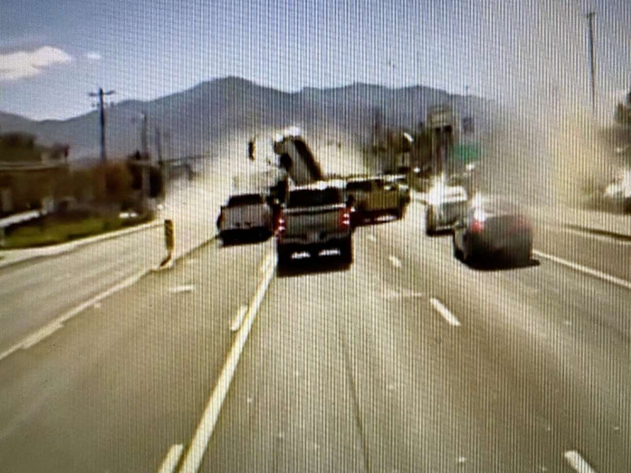 Videos capture an apparent runaway semitruck crashing into vehicles in Tooele on Friday.
