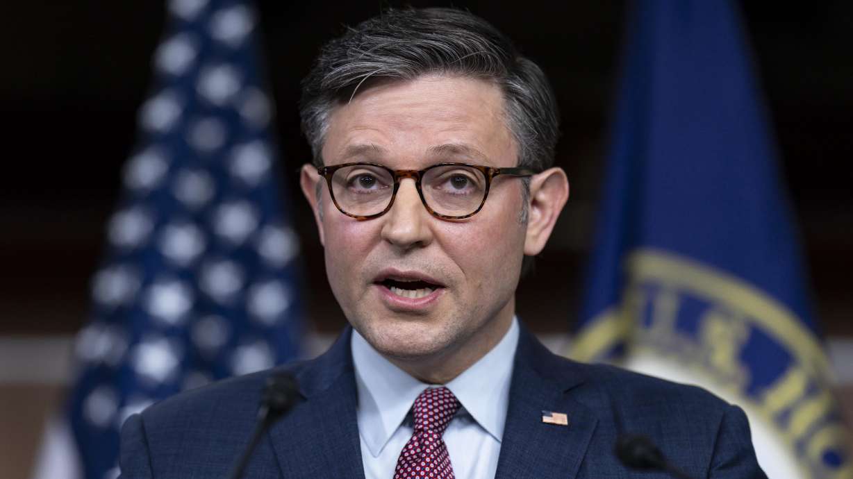 Speaker of the House Mike Johnson, R-La., talks with reporters ahead of the debate and vote on supplemental aid to Israel, at the Capitol in Washington, Nov. 2.