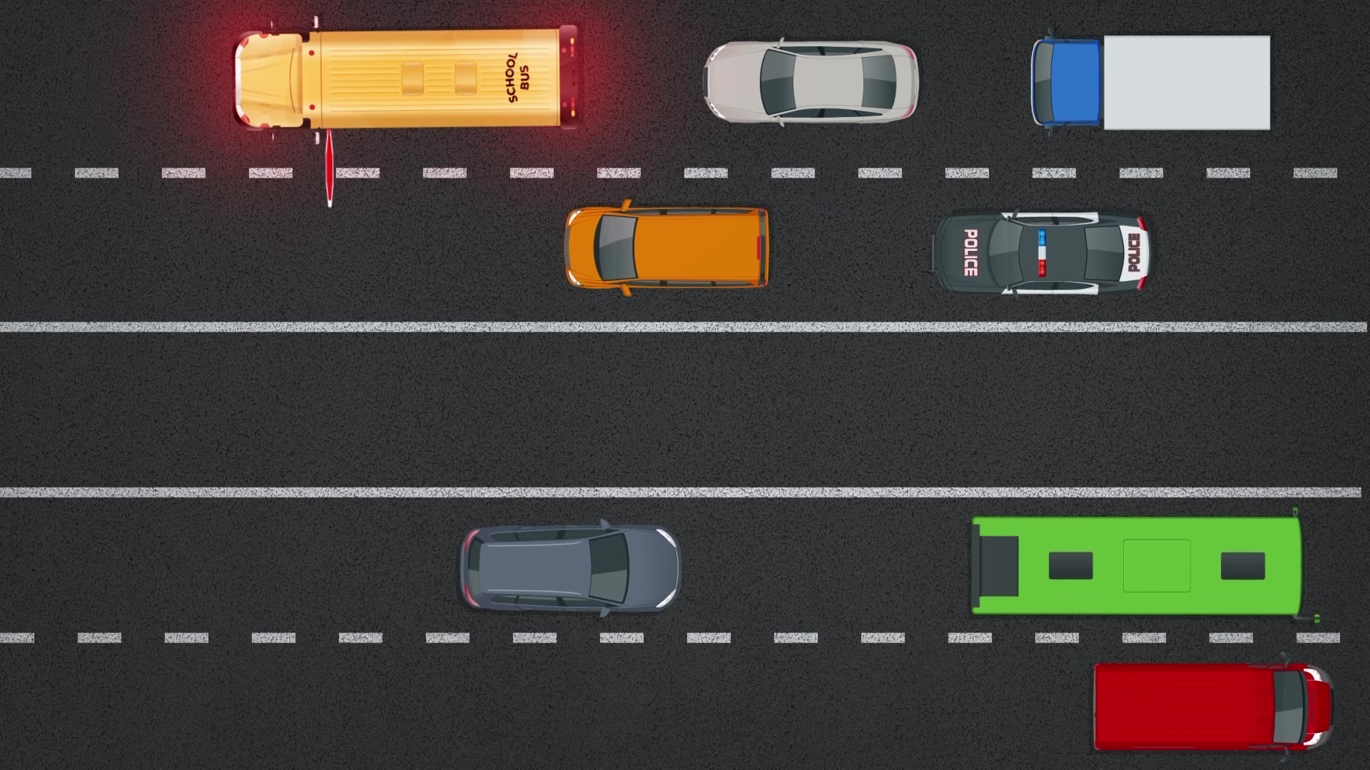 This is an example of a school bus top on a five-lane roadway.