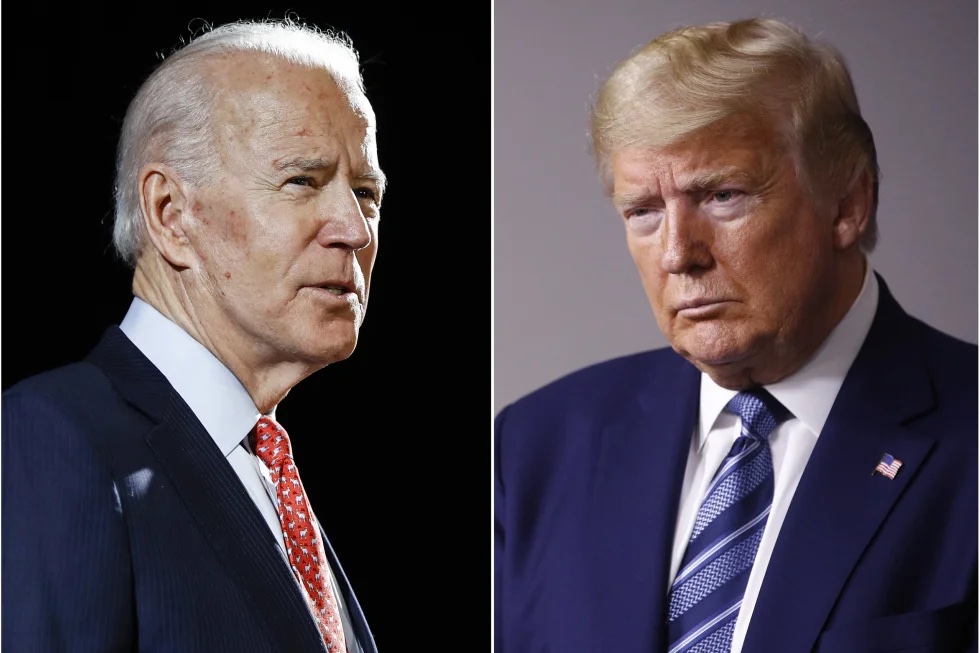 In this combination of file photos, former Vice President Joe Biden speaks in Wilmington, Del., on March 12, 2020, left, and President Donald Trump speaks at the White House on April 5, 2020. Will the next election be a repeat?