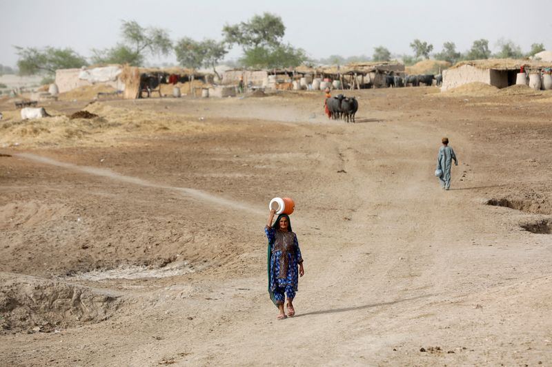 A woman walks to fetch water during a heat wave on the outskirts of Jacobabad, Pakistan, May 16, 2022. This year is set to be the world's warmest in 125,000 years, European Union scientists said on Wednesday.