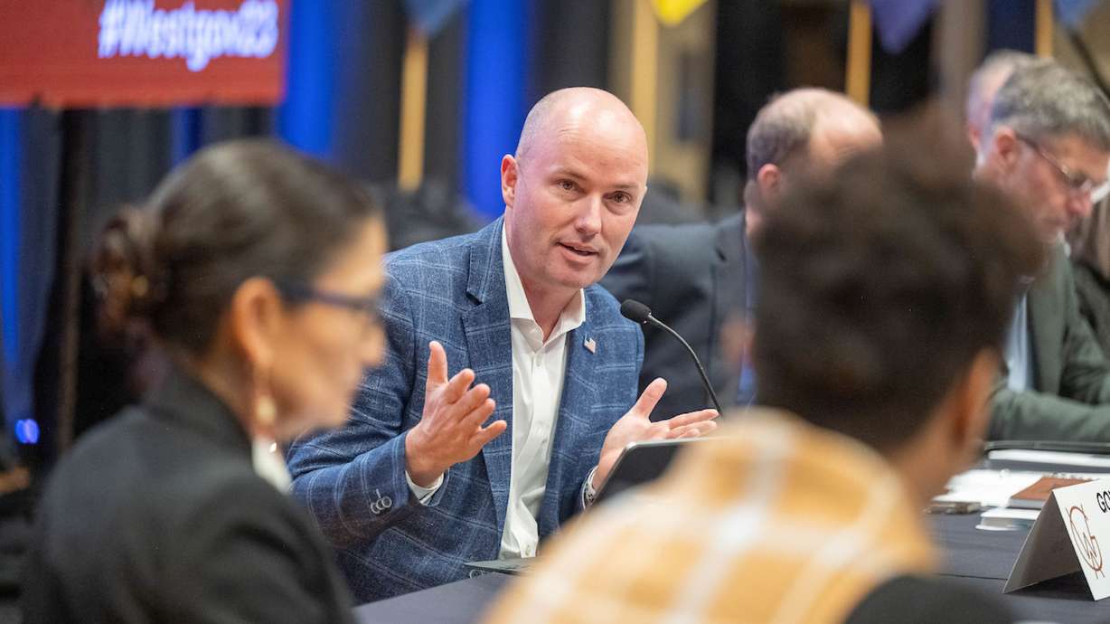 Gov. Spencer Cox speaks at the Western Governors’ Association’s 2023 winter meeting in Jackson Hole, Wyo., on Monday. Cox is convinced Utah, and other Western states, can set an example for the country on how to tackle the mental health crisis.