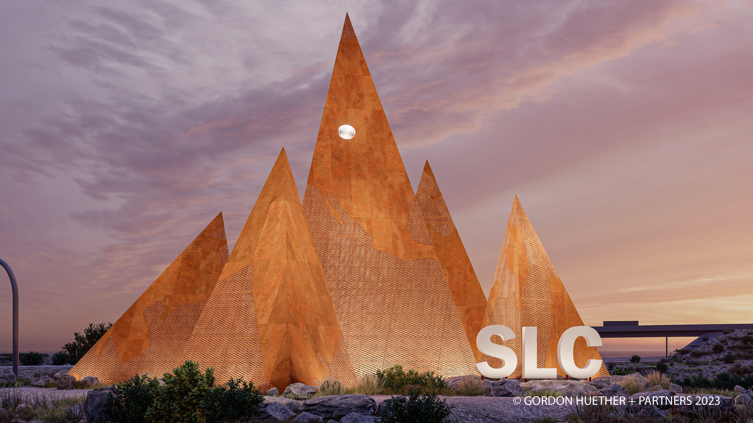 A rendering of Gordon Huether's "The Peaks" outside of Salt Lake City International Airport lit up at night.