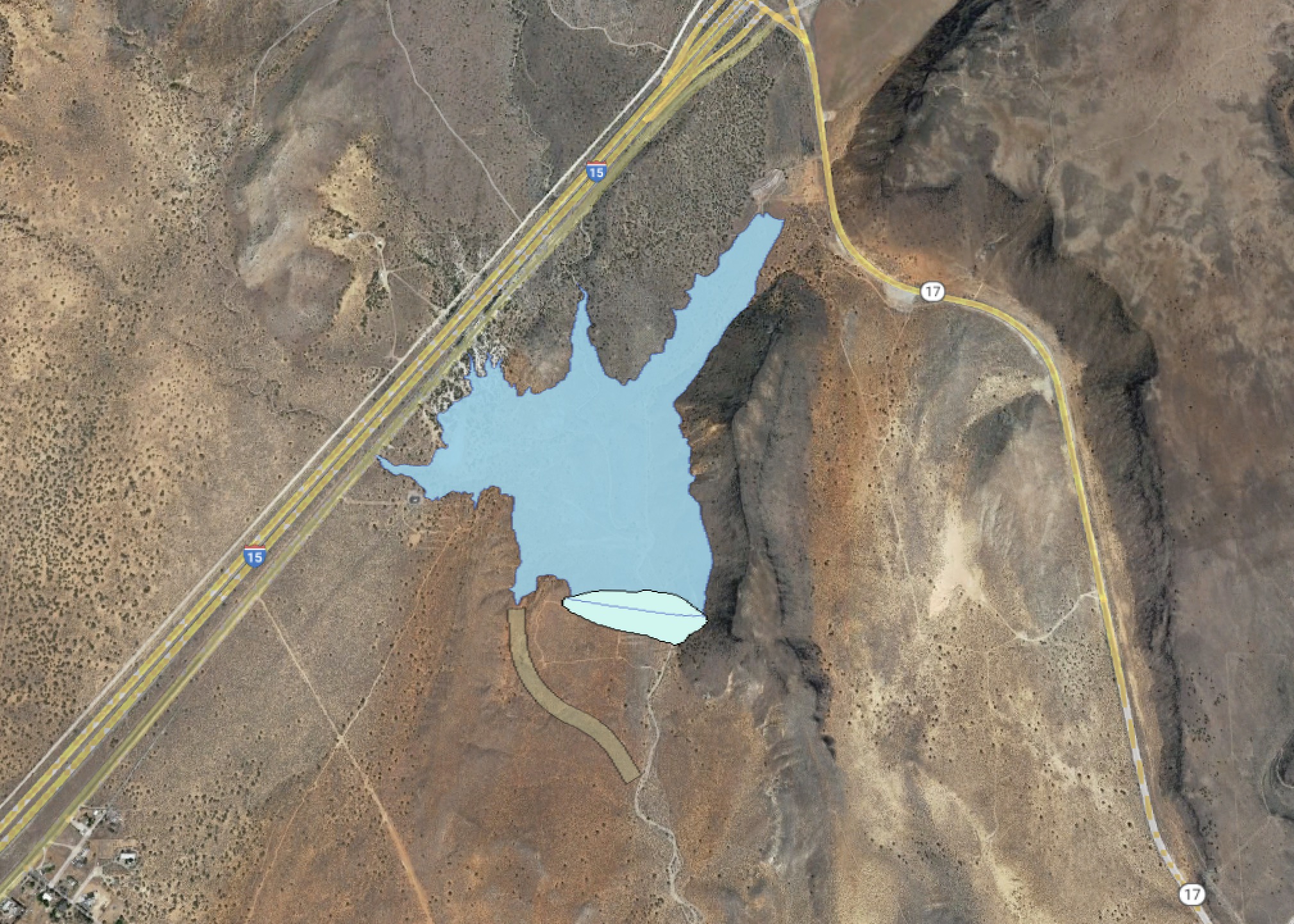 A rendering of the planned Toquer Reservoir and its location near I-15. The dam is expected to hold as much as 3,725 acre-feet of water when completed.