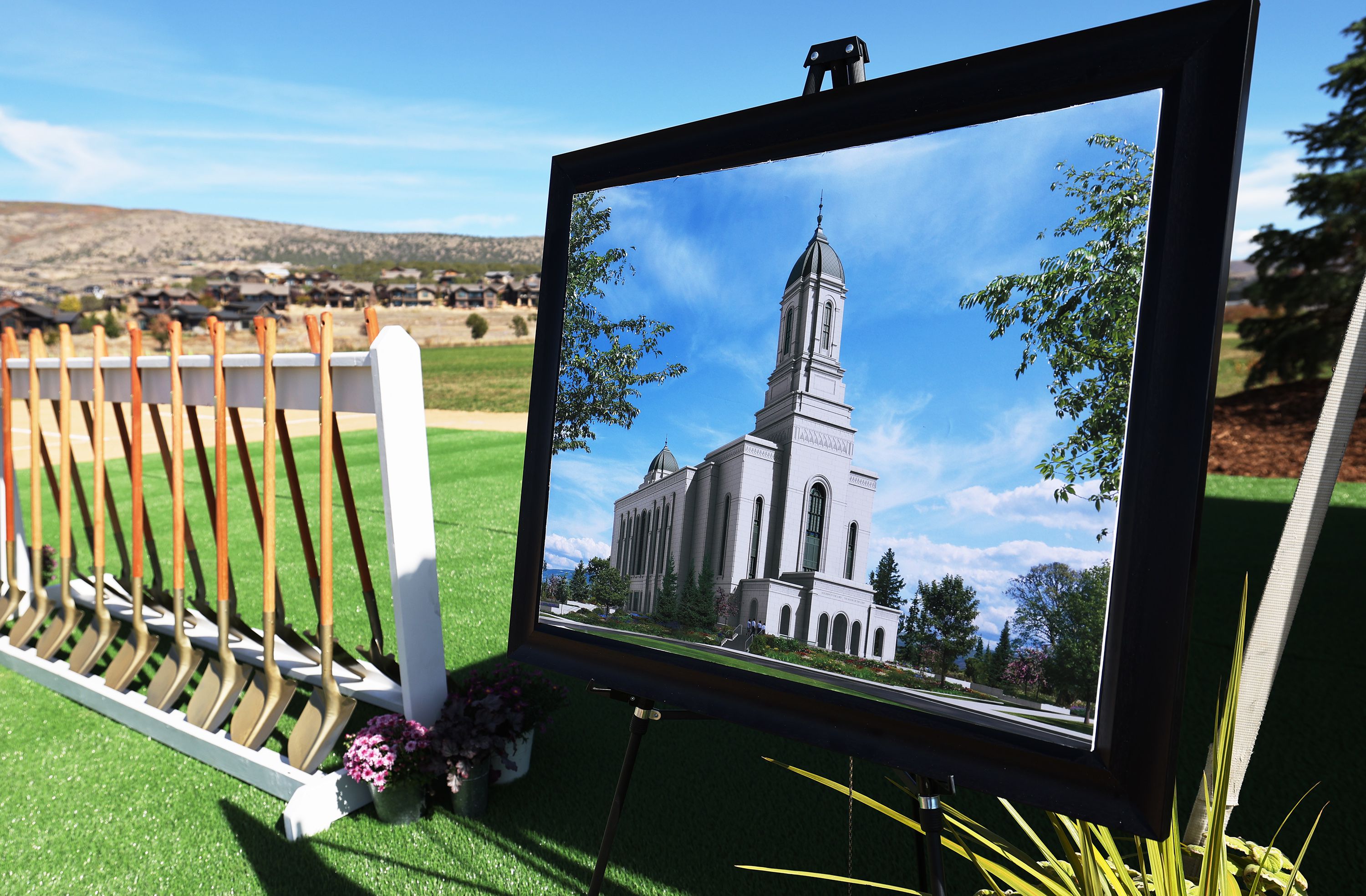 An artist’s rendering of the Heber Valley Utah Temple is shown at the site prior to the groundbreaking ceremony on Oct. 8, 2022.