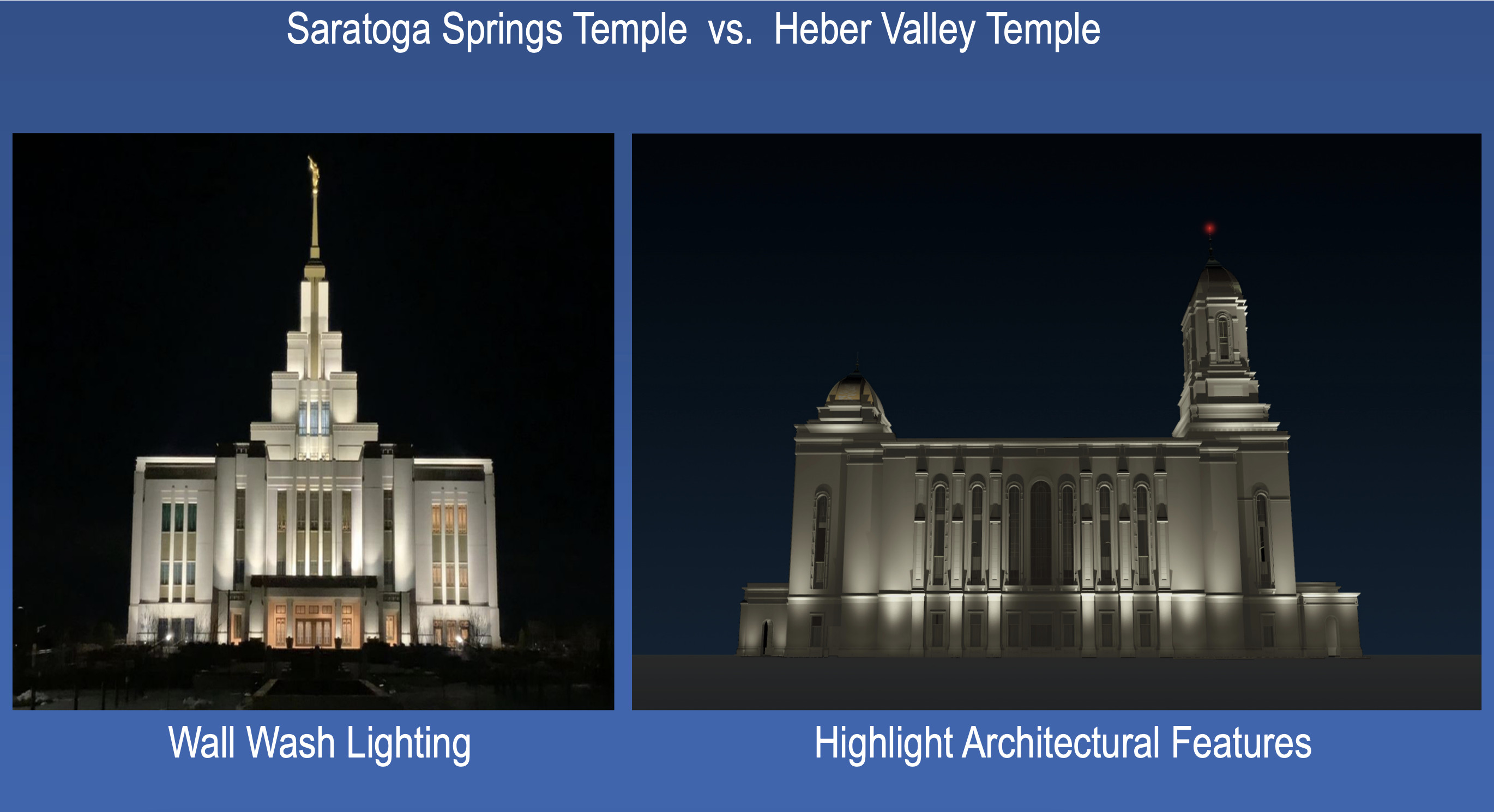 The Church of Jesus Christ of Latter-day Saints said it will forego the wall wash lighting used at the Saratoga Springs Utah Temple, left, and most other temples, for dimmer lighting at the Heber Valley Utah Temple. The concession helped win final approval from the Wasatch County Council after a long public hearing on Wednesday night.