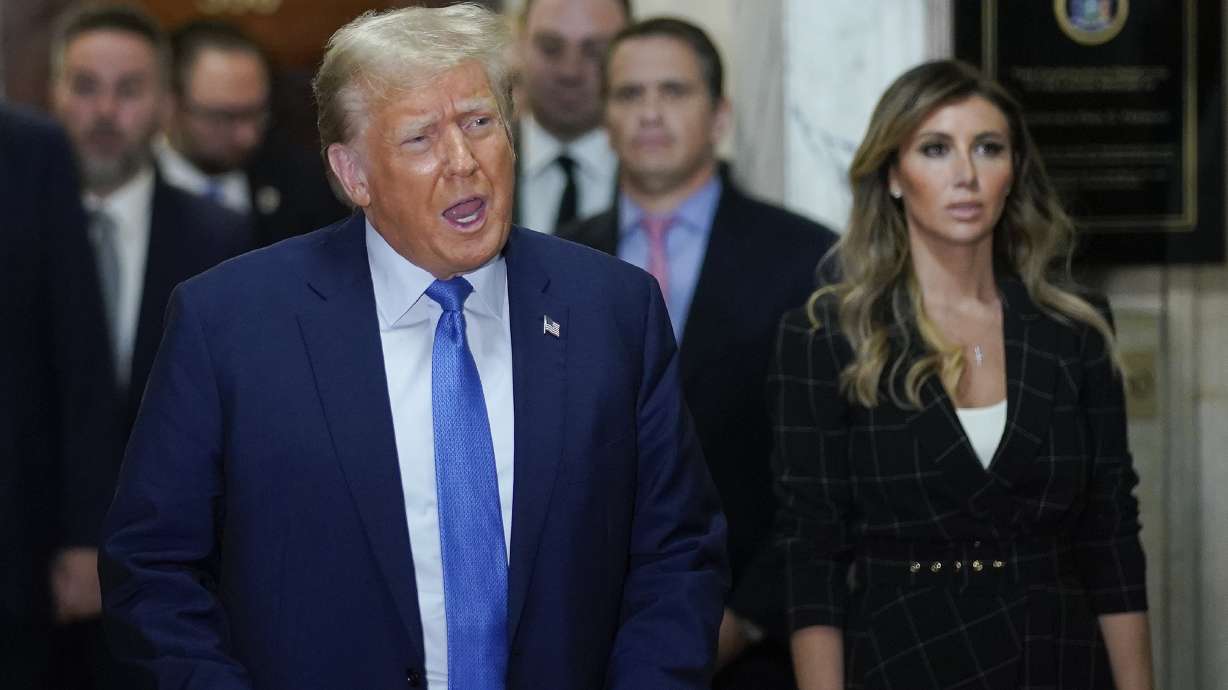 Former President Donald Trump speaks outside the courtroom after testifying at New York Supreme Court, Monday in New York. Trump's lawyers have been thwarted in their longshot bid to put an immediate end to the New York civil fraud trial that threatens the former president's real estate empire.