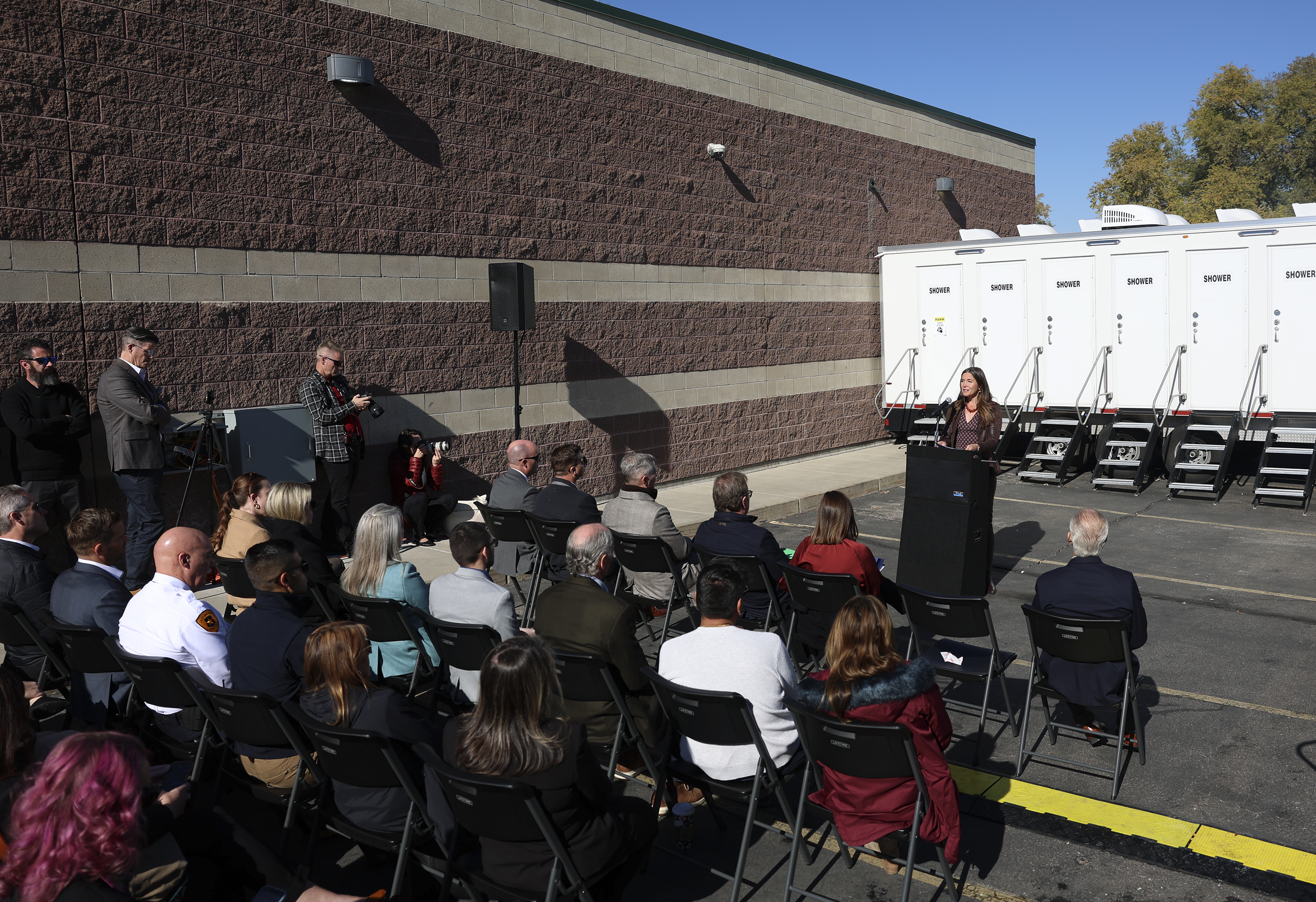 Salt Lake City Mayor Erin Mendenhall speaks during a press conference at the West Valley overflow shelter in West Valley City on Thursday. The new temporary homeless shelter will have space for single men and couples.