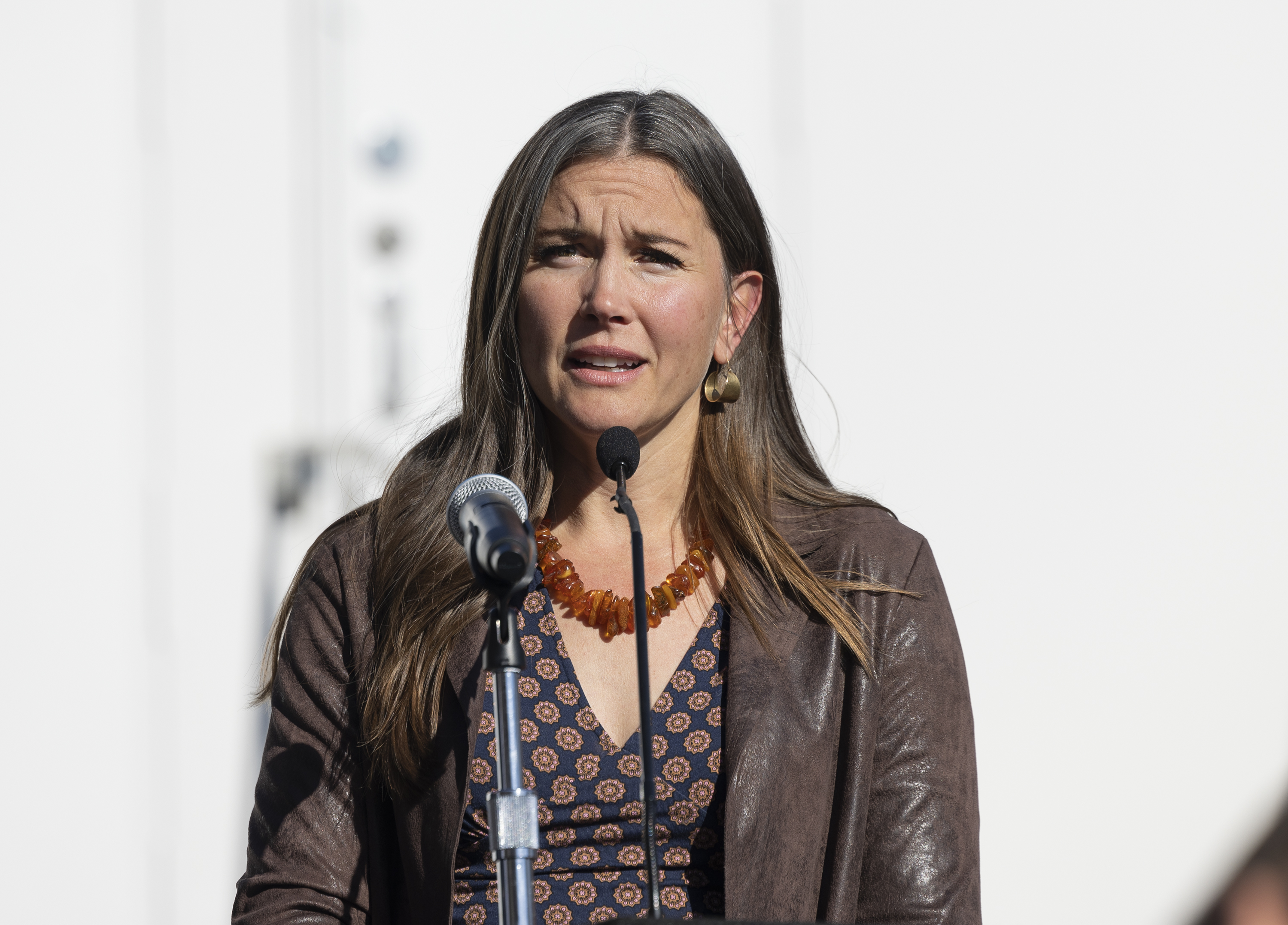 Salt Lake City Mayor Erin Mendenhall speaks during a press conference at the West Valley overflow shelter in West Valley City on Thursday.