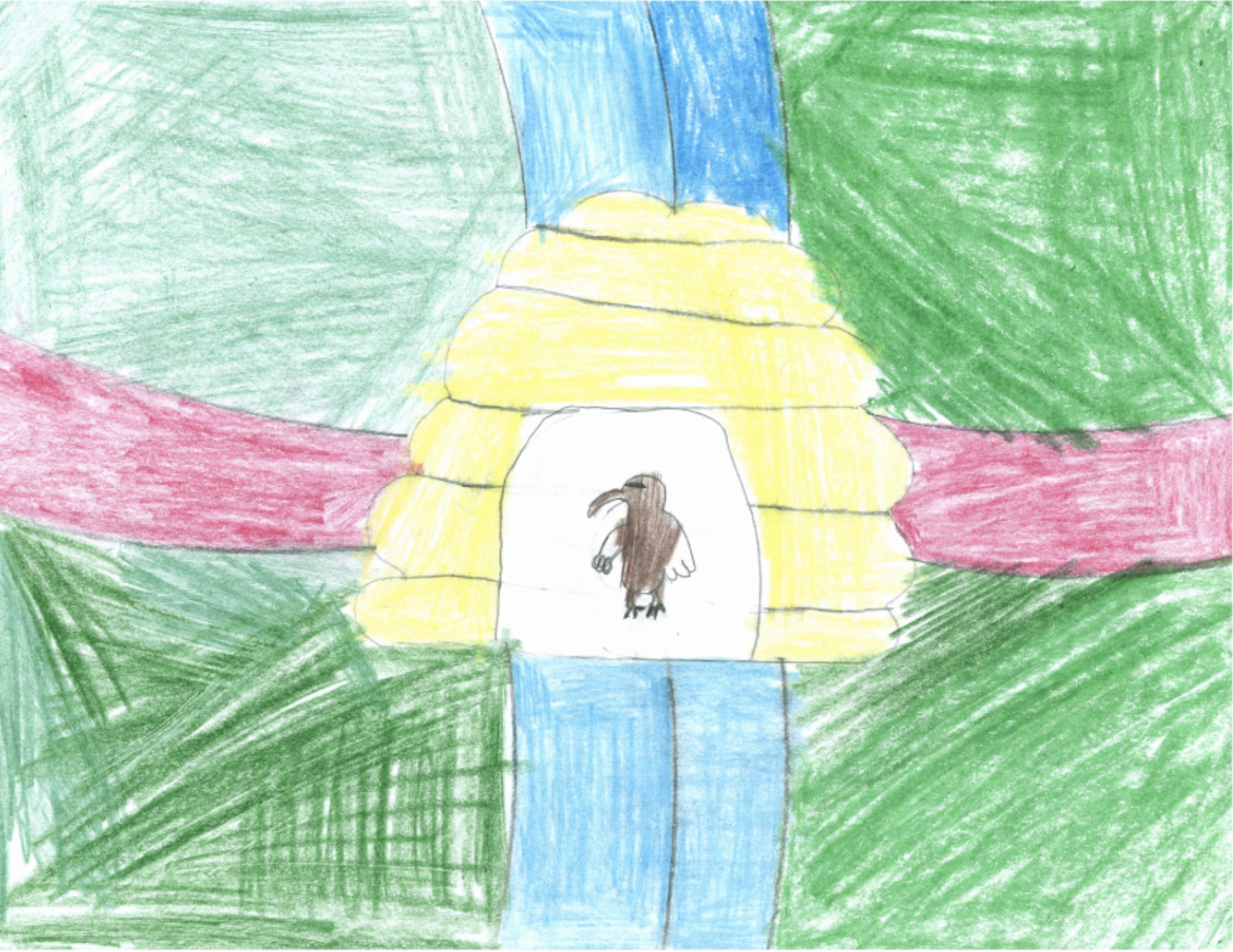 A student flag design featuring a bald eagle standing in the opening of a yellow beehive, which sits on the crux of a blue an red cross on a green field. It's one of more than 2,500 Utah flag design submissions that featured a beehive.