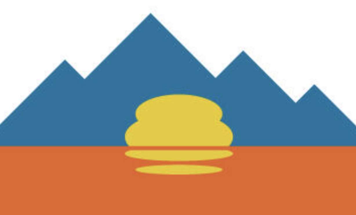 A design featuring blue mountains in center with a white background and orange horizontal sections. There's a yellow stylized sun and beehive at center. It's one of nearly 2,000 Utah flag design submissions that included mountains.