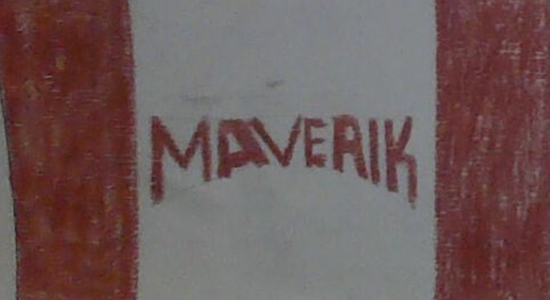A Utah flag design with red, white and red vertical sections with "Maverik" written in red letters in central white section.