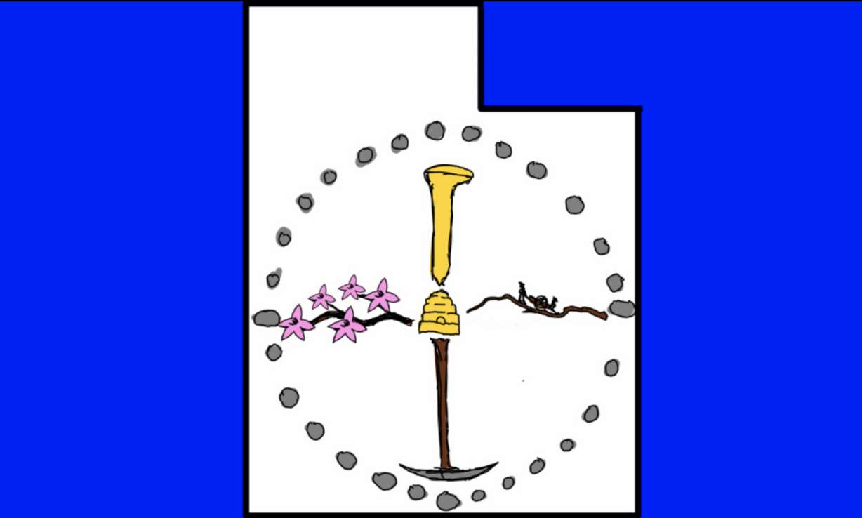 A Utah design with a blue background with white Utah shape in center, as well as 28 stone medicine wheel is inside with golden spike, beehive, mining axe, sego lilies and hand cart. It's one of a few dozen designs that included the golden spike, a nod to the transcontinental railroad being completed in Utah.