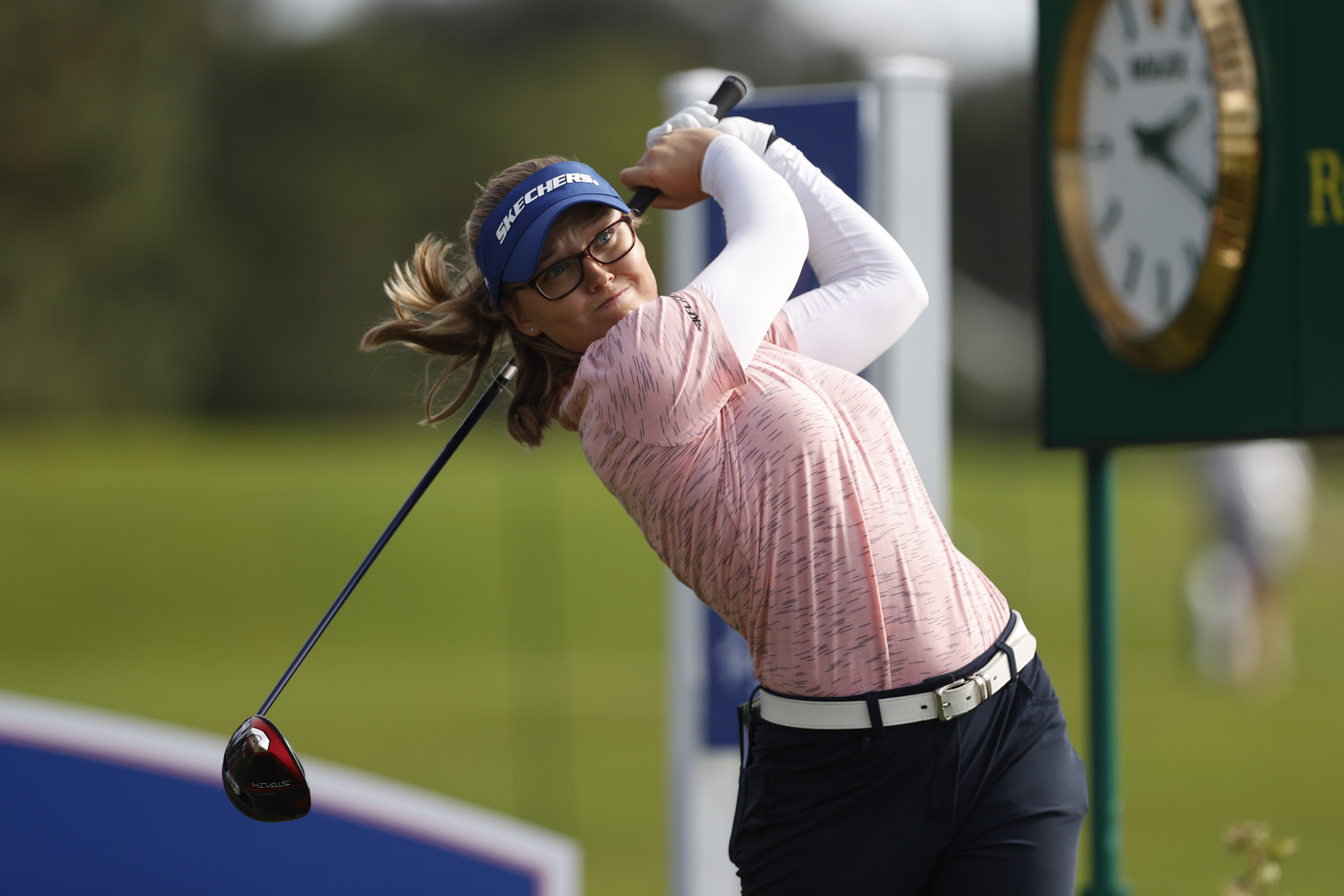 Brooke Henderson watches her tee shot on the 18th hole during the first round of an LPGA golf tournament Thursday, Nov. 9, 2023, in Belleair, Fla. 