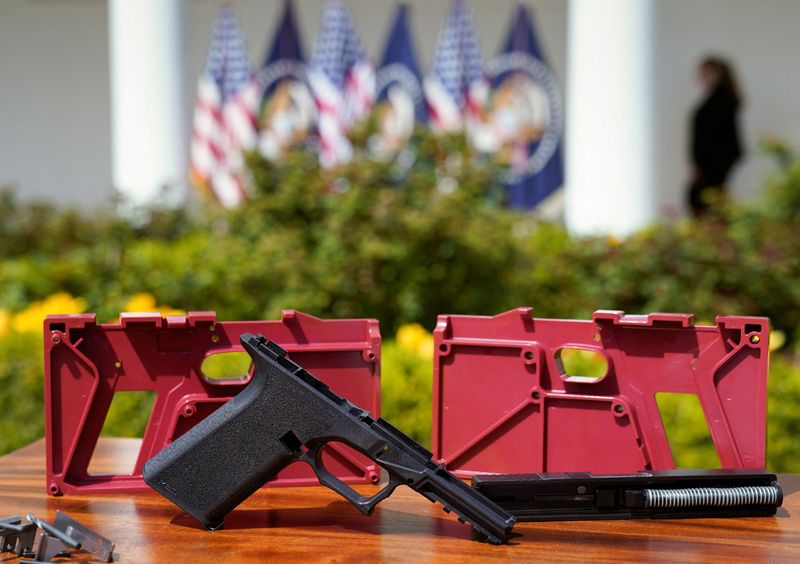 Parts of a ghost gun kit are on display at the White House in Washington on April 11. A federal appeals court on Thursday ruled that the Biden administration lacked authority to adopt a regulation aimed at reining in "ghost guns."