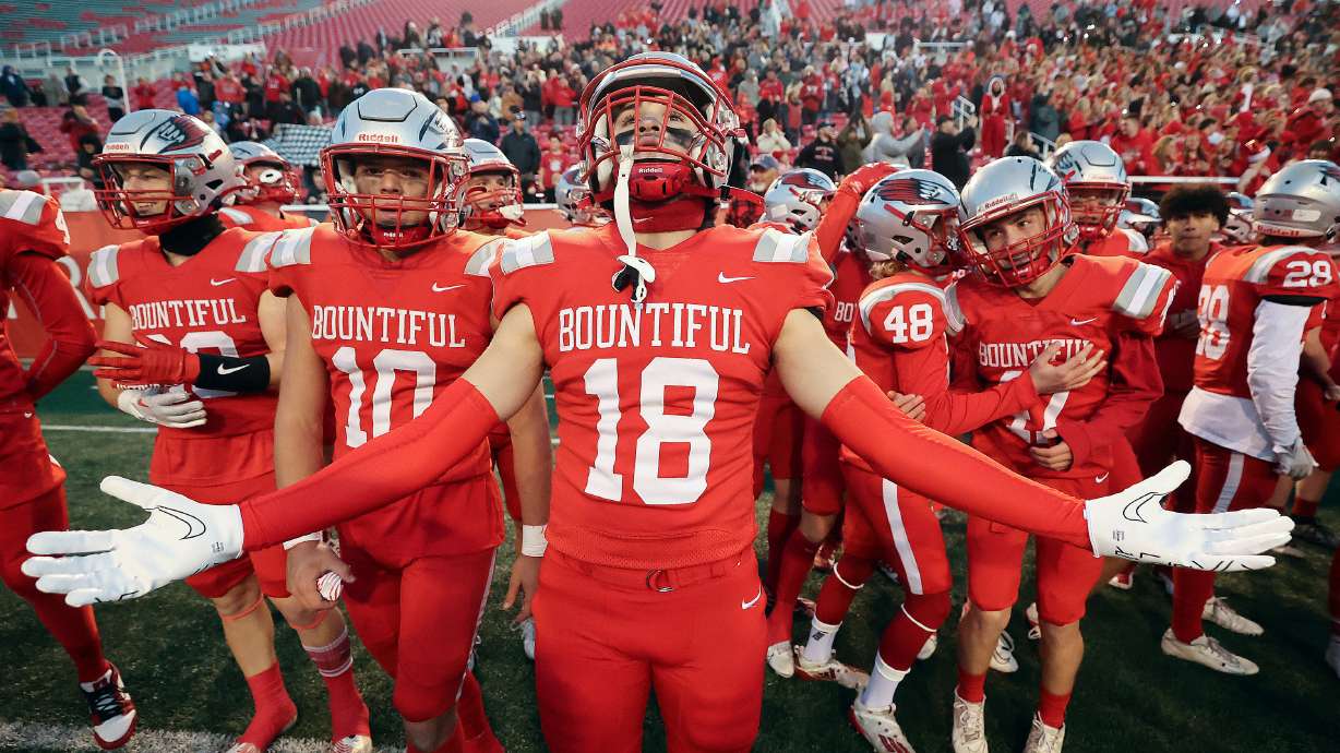 Bountiful players take in the final moments of their victorious 5A semifinal football game against Alta at Rice-Eccles Stadium in Salt Lake City on Thursday, Nov. 9, 2023. Bountiful won 20-19.
