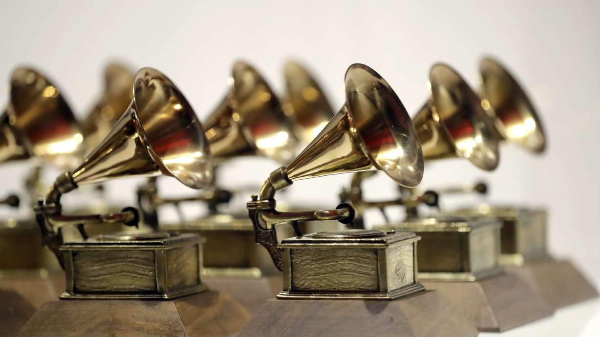 Grammy Awards are displayed at the Grammy Museum Experience at Prudential Center in Newark, N.J. on Oct. 10, 2017. The Grammy nominations have been announced Friday and SZA leads the way with nine nominations.