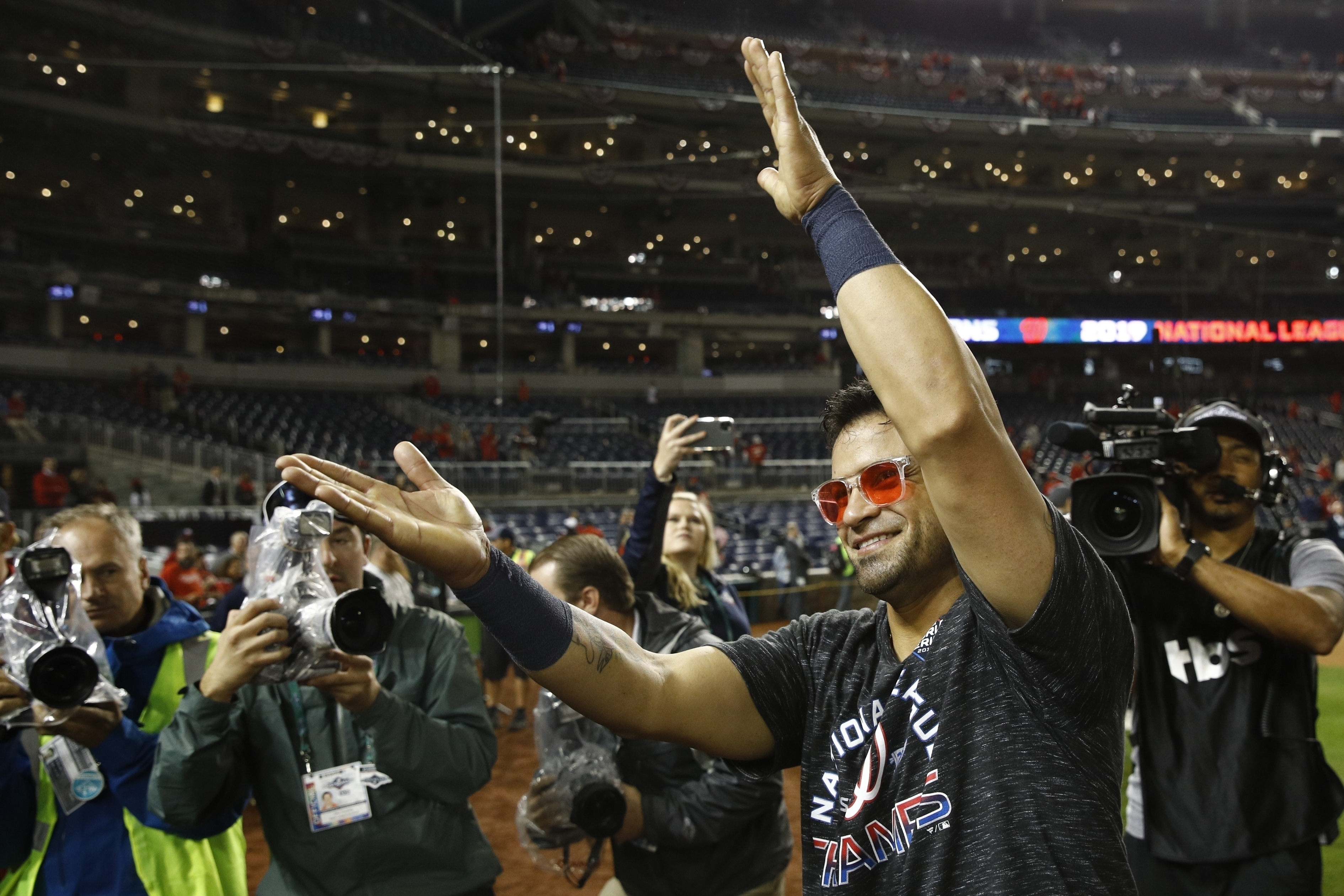 FILE - Washington Nationals' Gerardo Parra celebrates after winning 7-4 in Game 4 of the baseball National League Championship Series against the St. Louis Cardinals, Washington, Oct. 15, 2019. Parra — of “Baby Shark” fame — will be the new first base coach for the Washington Nationals as part of a series of changes to manager Dave Martinez's staff announced by the club on Friday, Nov. 10, 2023, after a fourth consecutive last-place finish in the NL East.