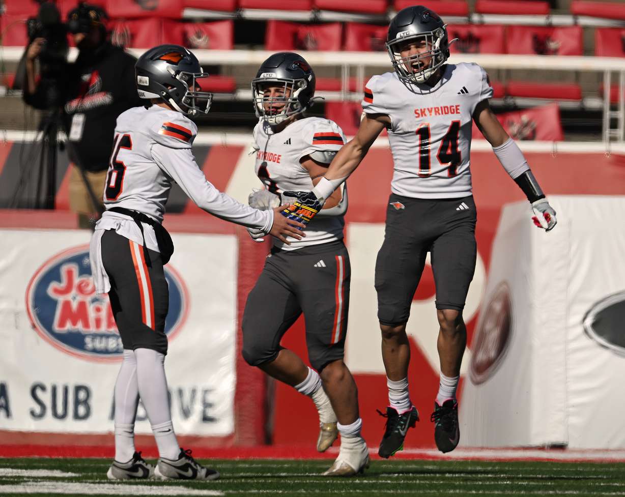 Skyridge and American Fork play in high school football semifinal action at Rice Eccles Stadium in Salt Lake City on Friday, Nov. 10, 2023. Skyridge won 34-21.