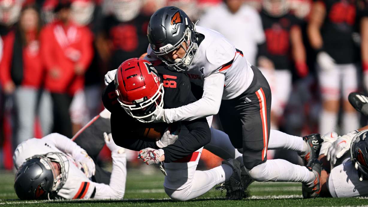 Skyridge and American Fork play in high school football semifinal action at Rice Eccles Stadium in Salt Lake City on Friday, Nov. 10, 2023. Skyridge won 34-21.