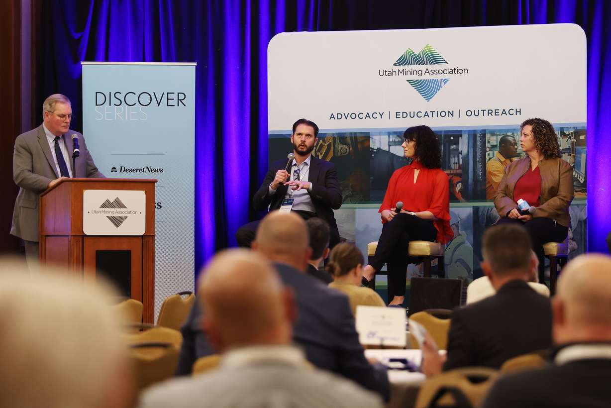 Deseret News Executive Editor Doug Wilks listens to comments by John Diasselliss of Deloitte, as Denee Hayes of Bijih Resource Consulting and Celeste Maloy, a natural resources policy expert and now a congressional candidate for Utah’s 2nd District, listen during the Utah Mining Association annual meeting and convention in Salt Lake City on Thursday.