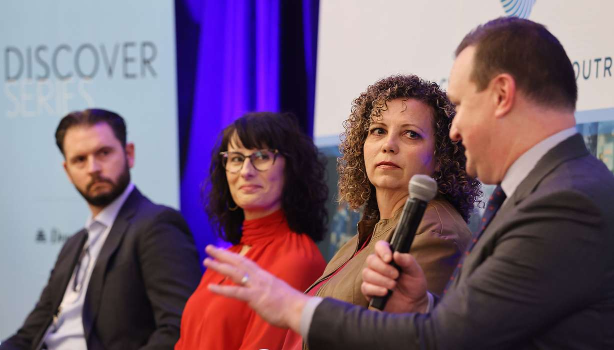 Panelists John Diasselliss of Deloitte, Denee Hayes of Bijih Resource Consulting and Celeste Maloy, a natural resources policy expert and now candidate for Utah’s 2nd Congressional District, listen to a response by Brian Somers of the Utah Mining Association during the Utah Mining Association annual meeting and convention in Salt Lake City, Thursday.