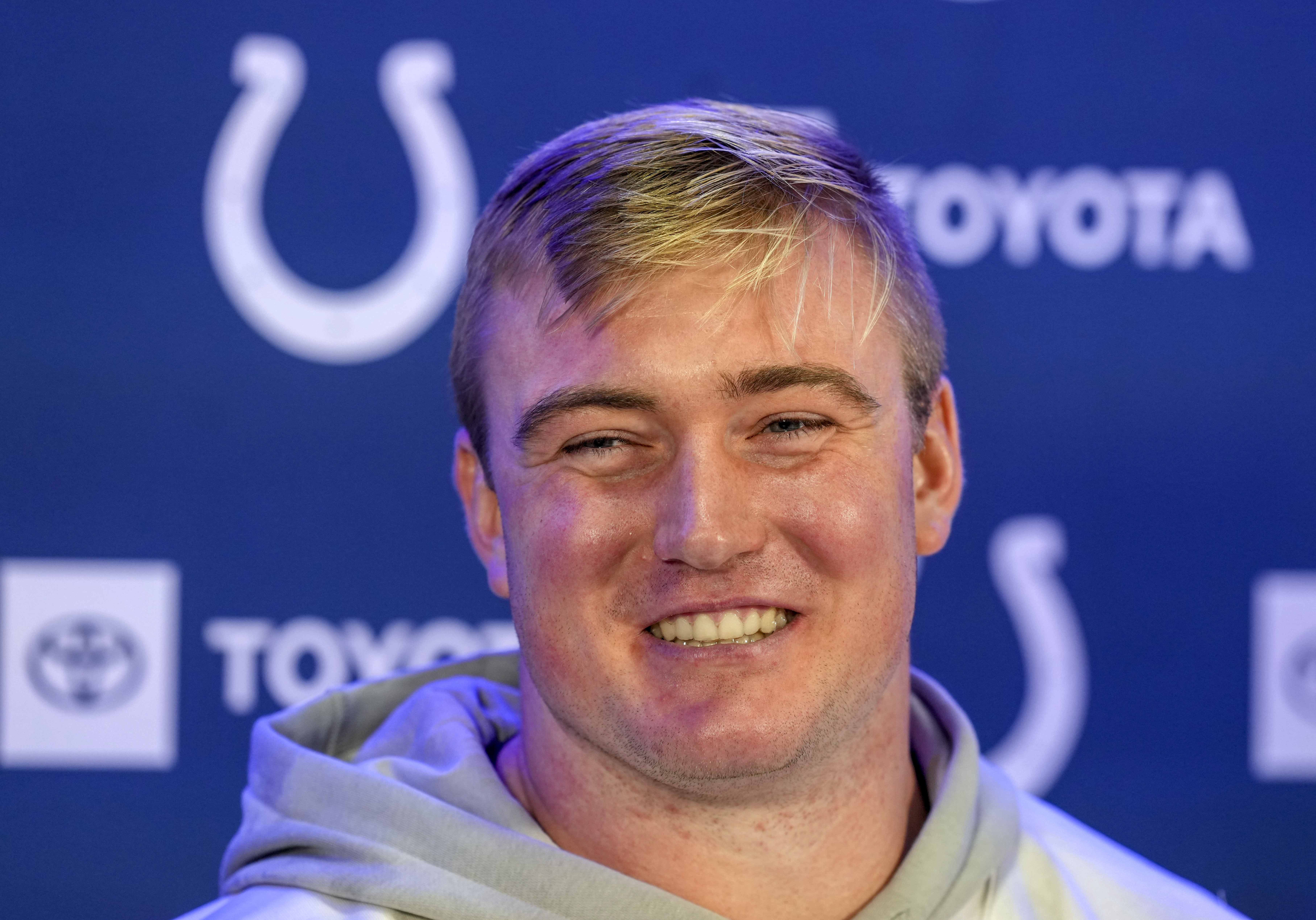 Indianapolis Colts Bernhard Raimann attends a press conference in Frankfurt, Germany, Friday, Nov. 10, 2023. The New England Patriots will play against the Indiana Colts in a NFL game on Sunday.