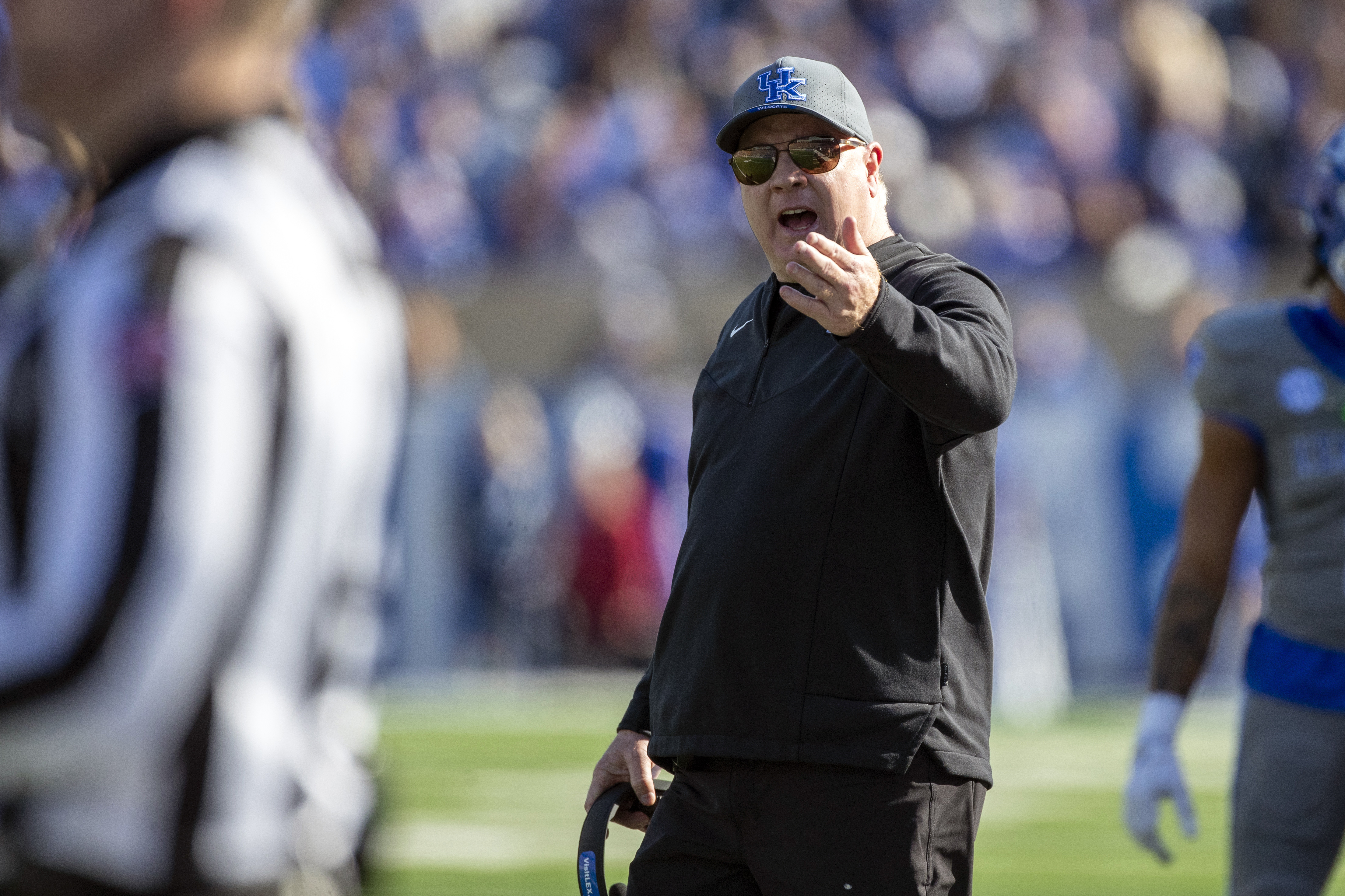 Kentucky head coach Mark Stoops yells at the referee during the first half of an NCAA college football game against Alabama in Lexington, Ky., Saturday, Nov. 11, 2023. 