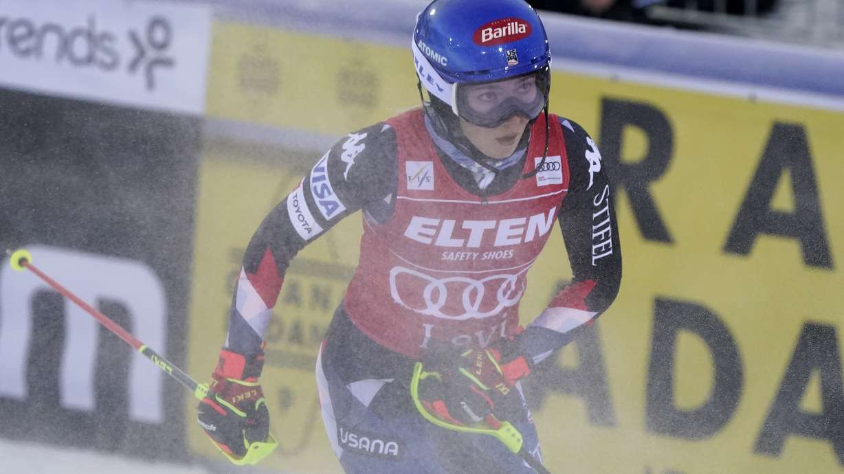 United States' Mikaela Shiffrin checks her time at the finish area of an alpine ski World Cup women's slalom race, in Levi, Finland, Saturday, Nov. 11, 2023.