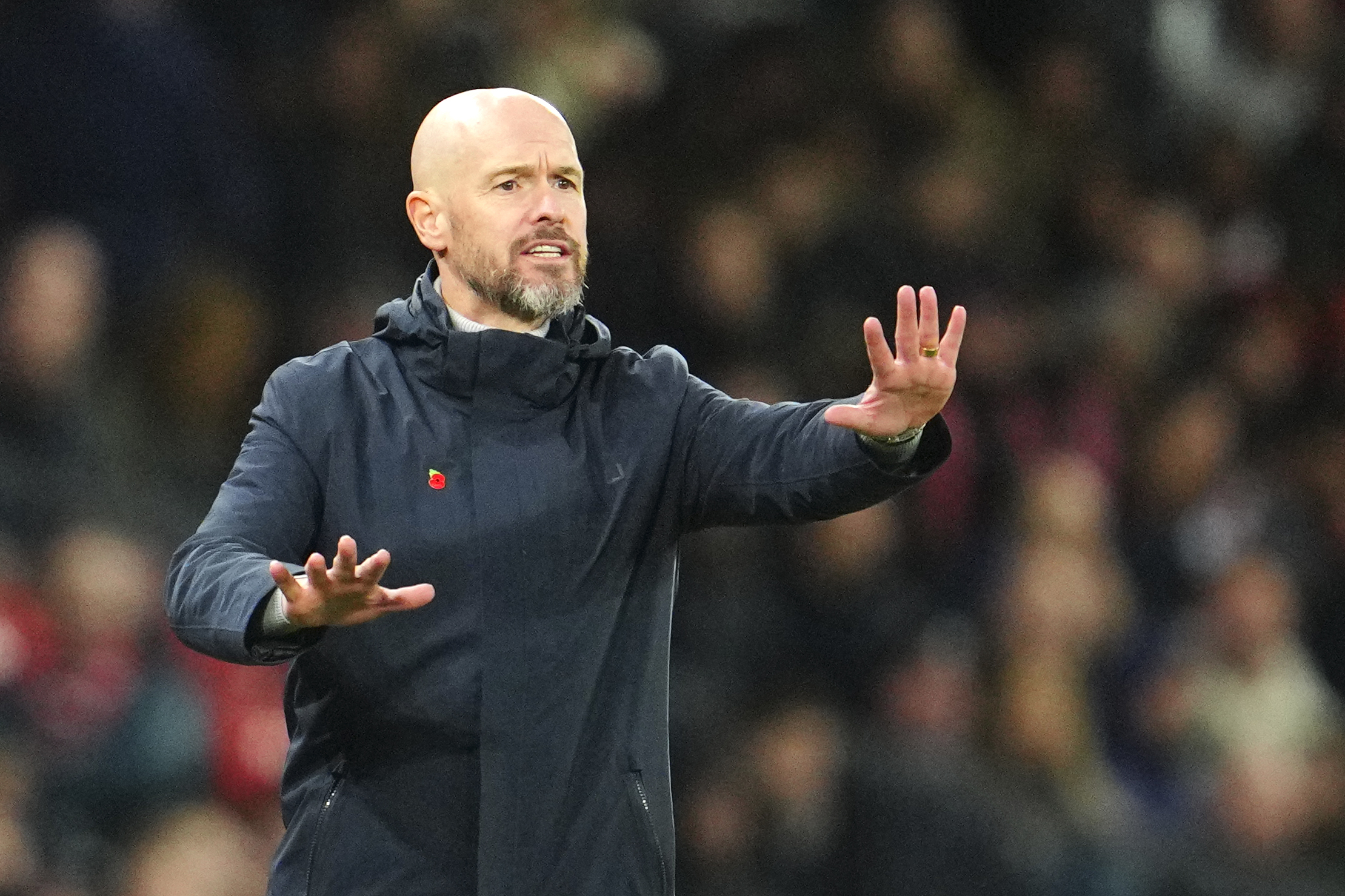 Manchester United's head coach Erik ten Hag reacts during the English Premier League soccer match between Manchester United and Luton Town at the Old Trafford stadium in Manchester, England, Saturday, Nov. 11, 2023. 