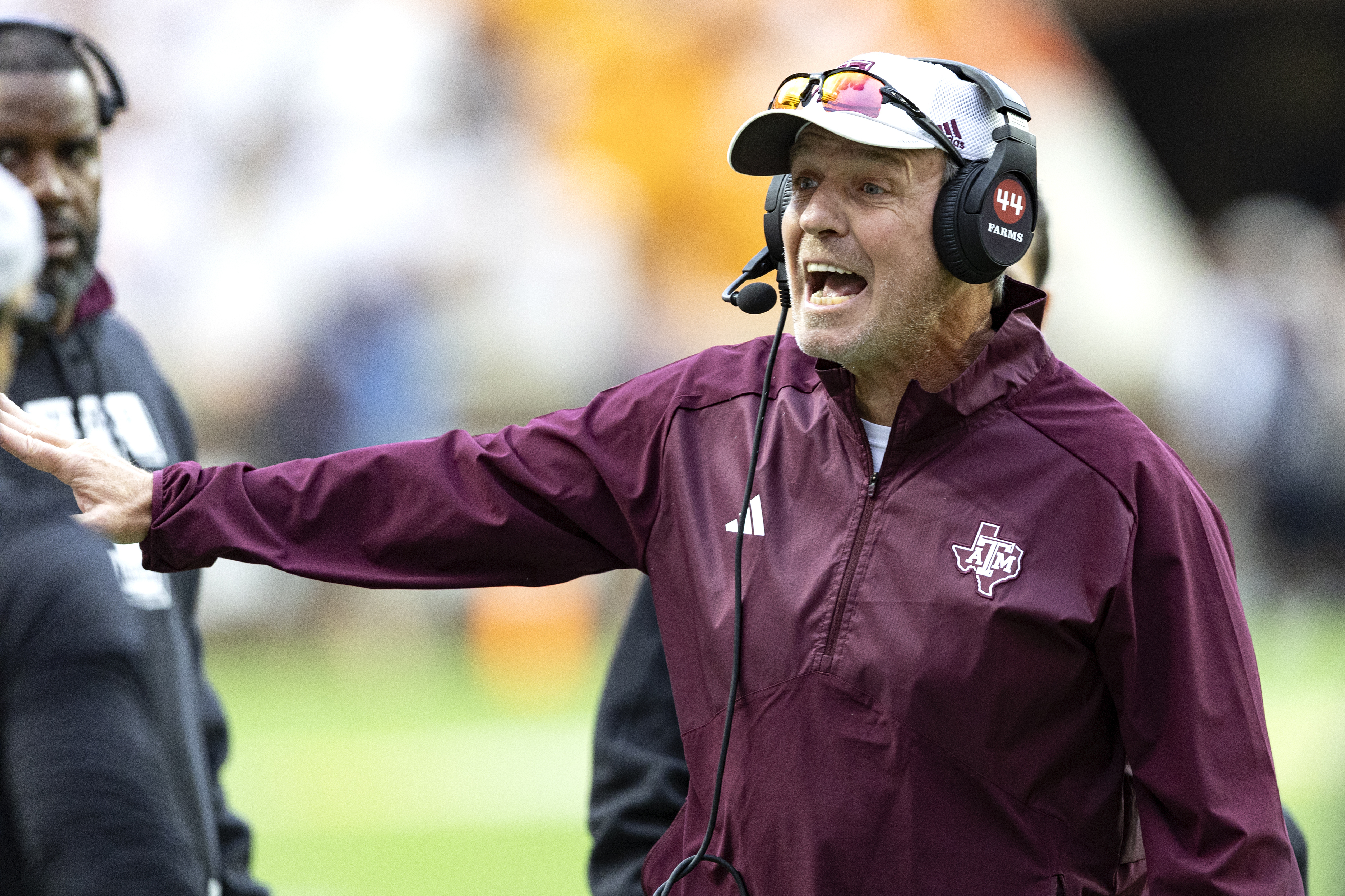 Texas A&M head coach Jimbo Fisher yells at his players during the second half of an NCAA college football game against Tennessee, Saturday, Oct. 14, 2023, in Knoxville, Tenn. 
